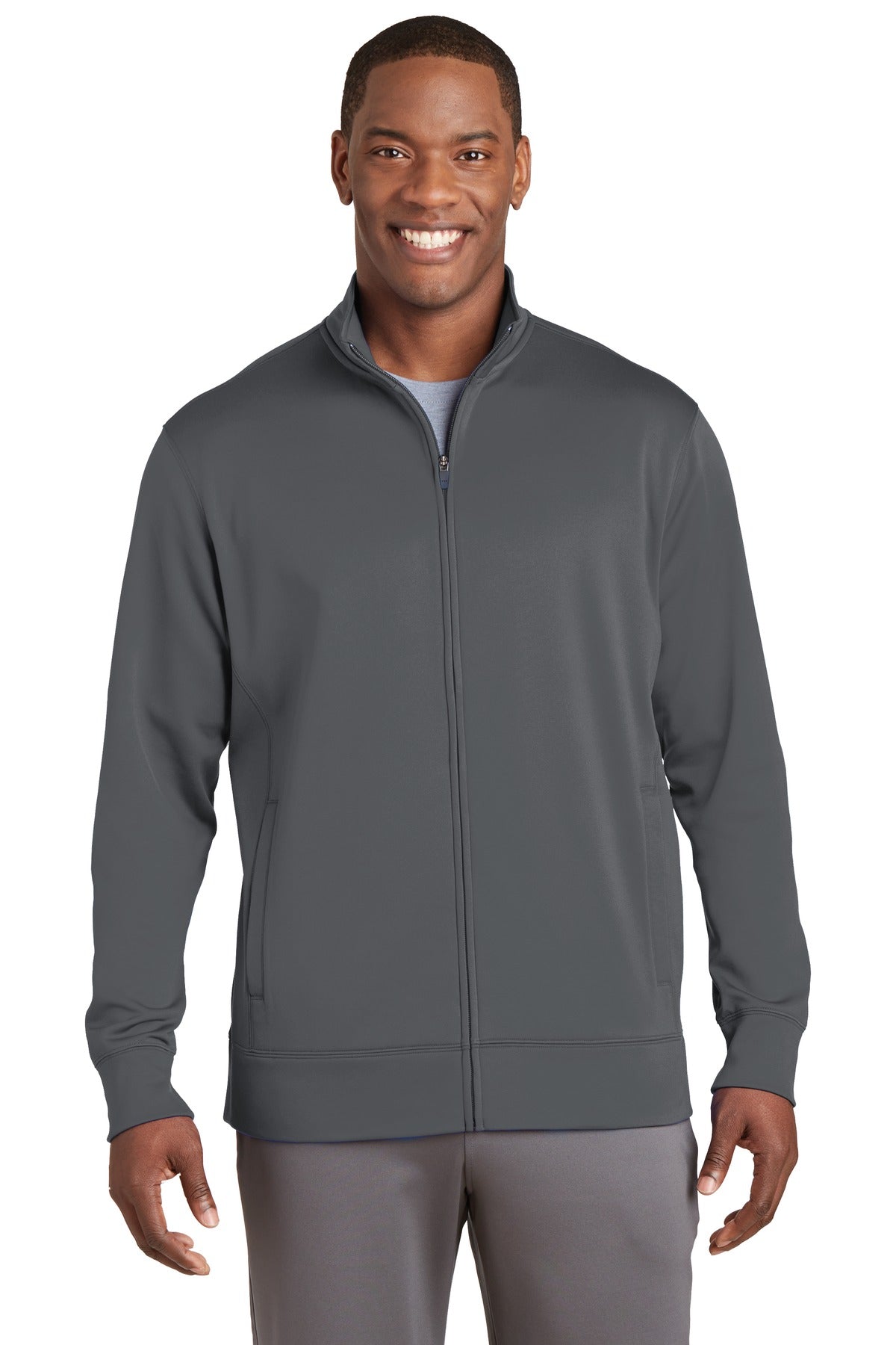 Front View of Dark Smk Grey Sport-Tek Sport-Wick Fleece Full-Zip Jacket. ST241 plain