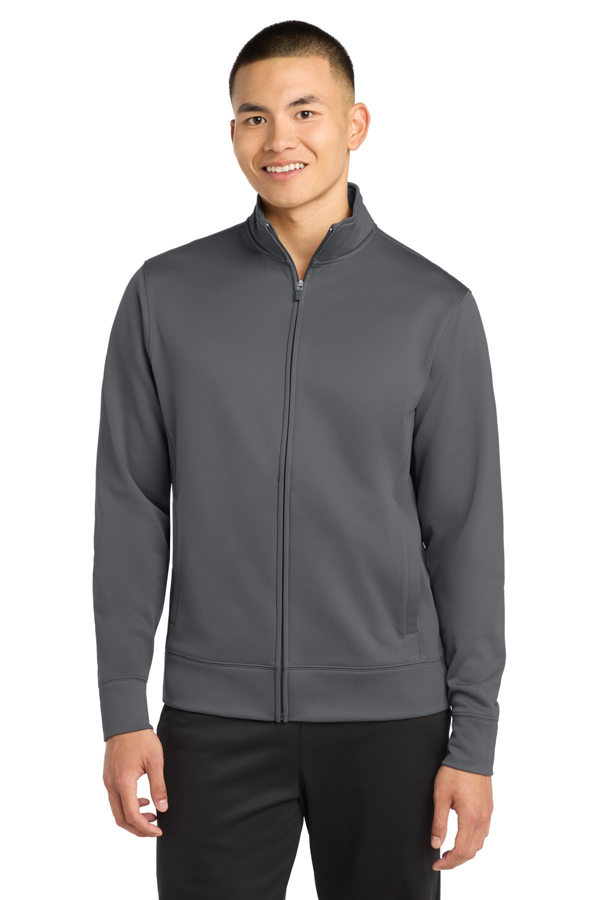 Front View of Dark Smk Grey Sport-Tek Sport-Wick Fleece Full-Zip Jacket. ST241 plain