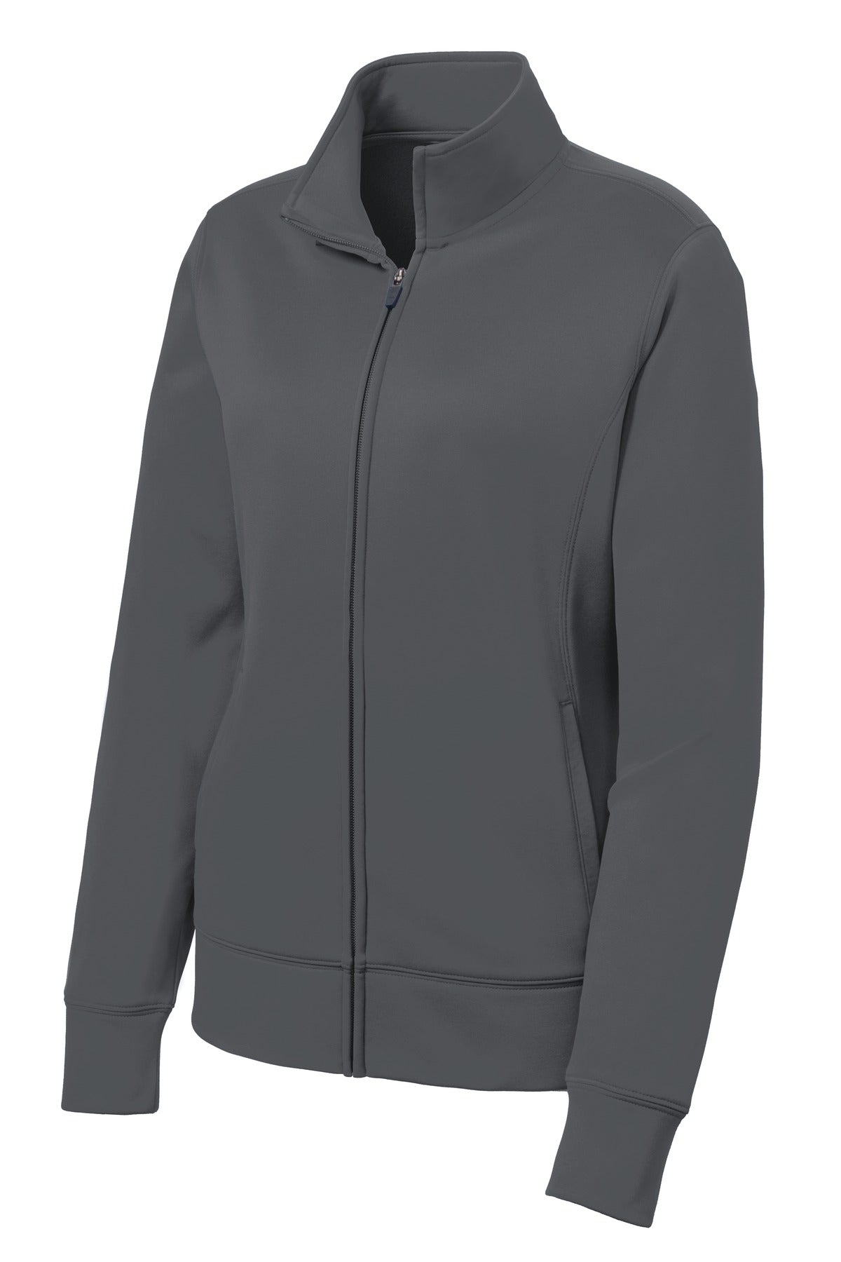 Front View of Dark Smk Grey Sport-Tek Women's Sport-Wick Fleece Full-Zip Jacket. LST241 plain