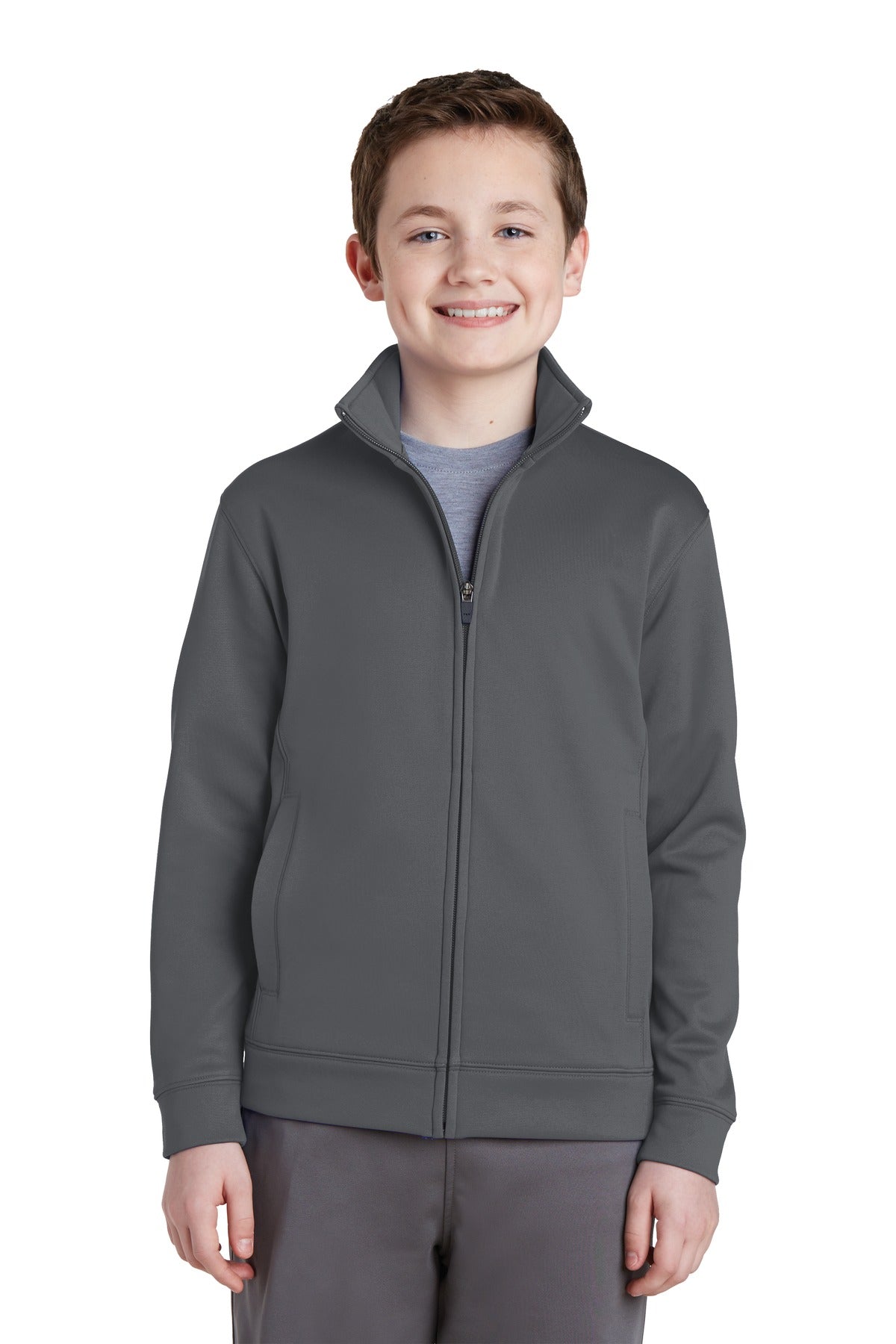 Front View of Dark Smk Grey Sport-Tek Youth Sport-Wick Fleece Full-Zip Jacket. YST241 plain