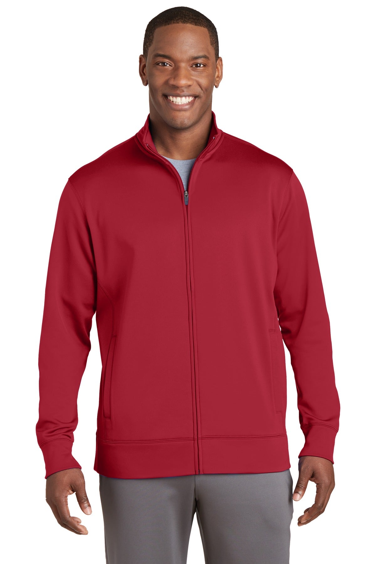 Front View of Deep Red Sport-Tek Sport-Wick Fleece Full-Zip Jacket. ST241 plain