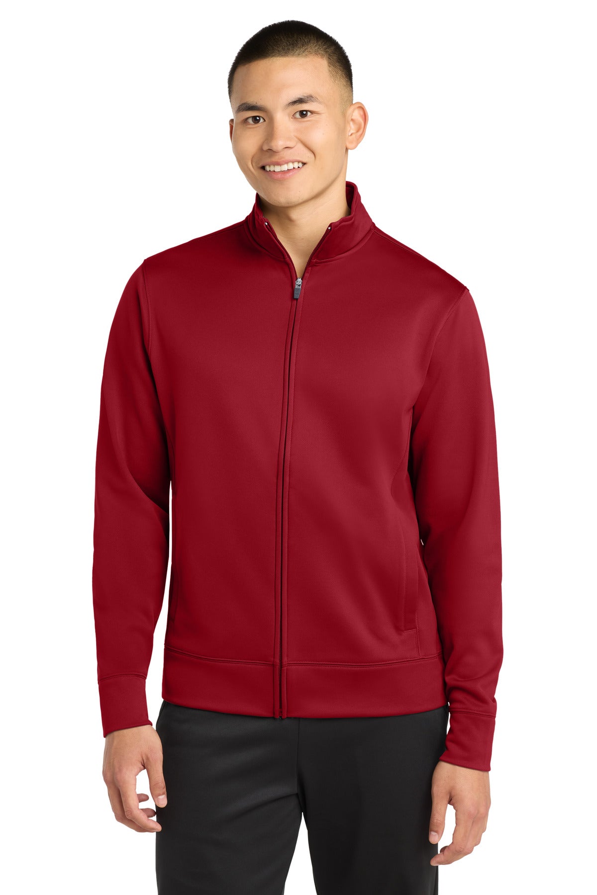 Front View of Deep Red Sport-Tek Sport-Wick Fleece Full-Zip Jacket. ST241 plain
