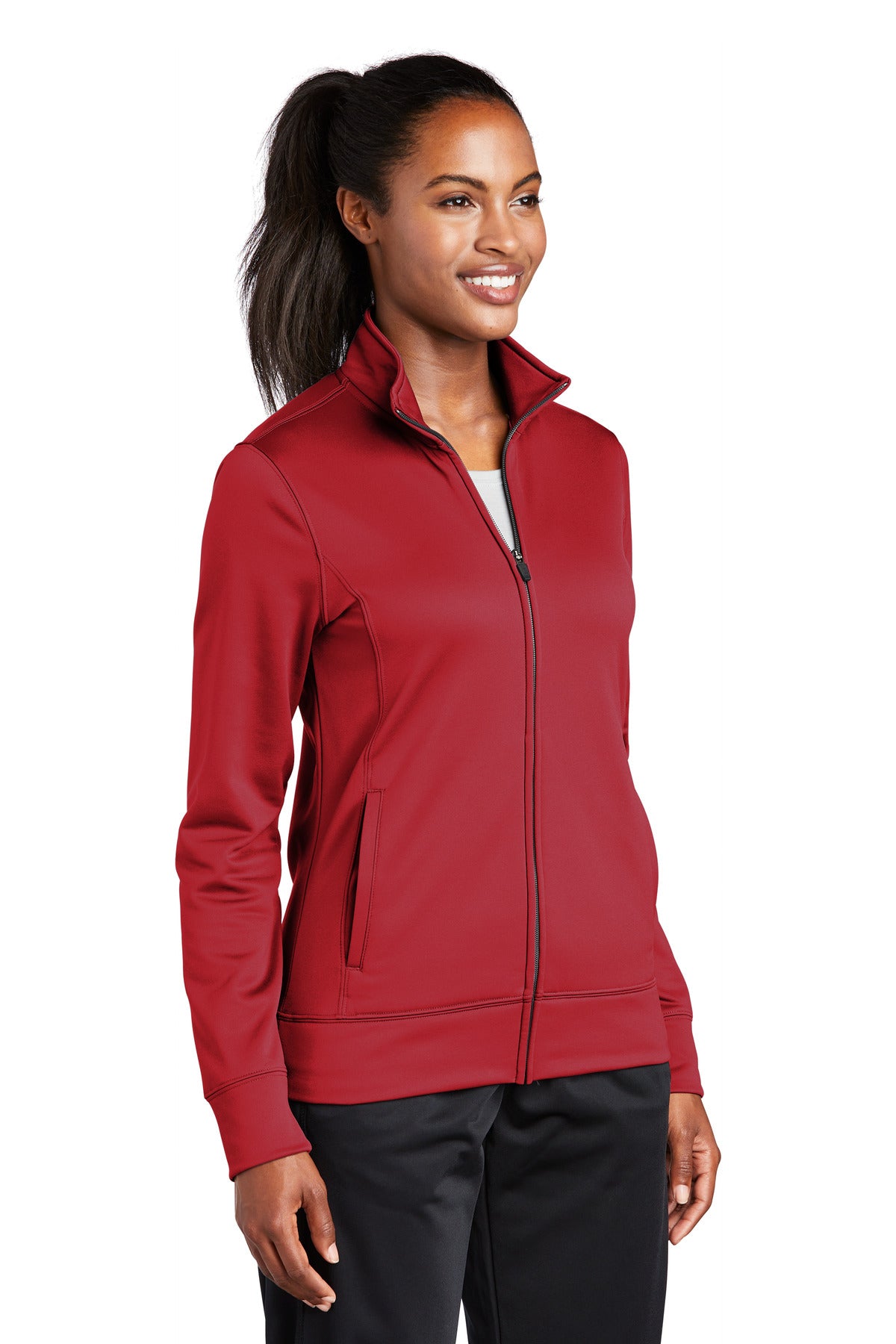 Front View of Deep Red Sport-Tek Women's Sport-Wick Fleece Full-Zip Jacket. LST241 plain