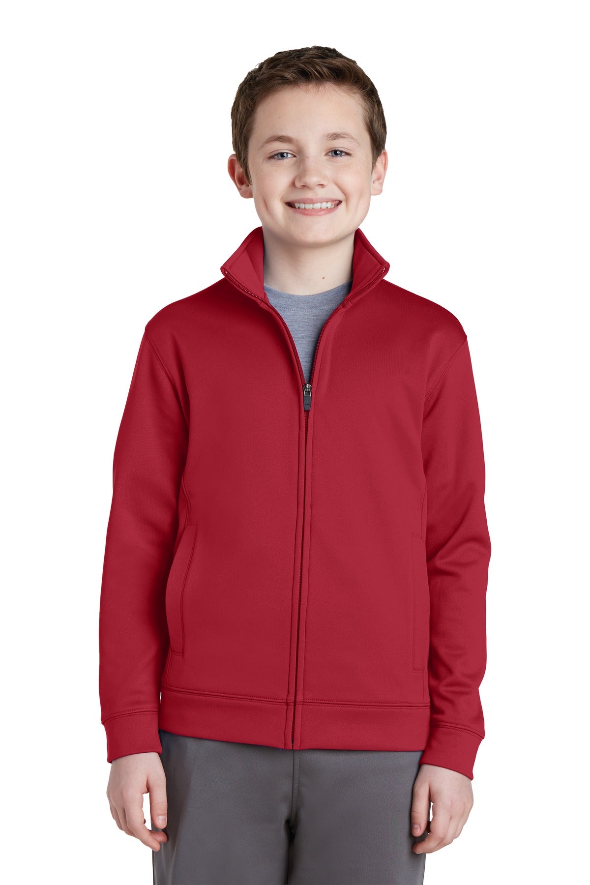 Front View of Deep Red Sport-Tek Youth Sport-Wick Fleece Full-Zip Jacket. YST241 plain