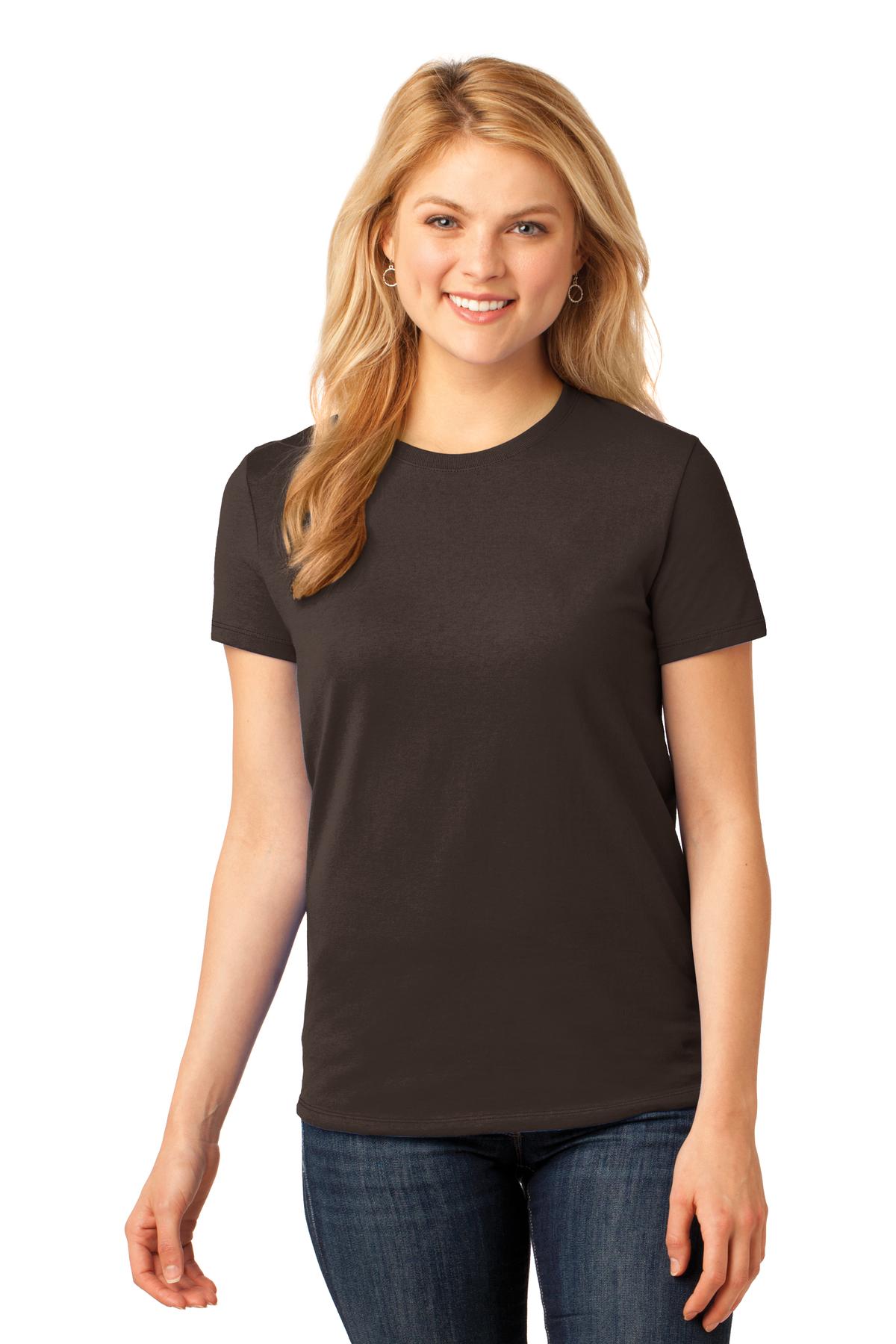 Front View of Dk Choc Brown Port & Co Women's Core Cotton Tee. LPC54 plain