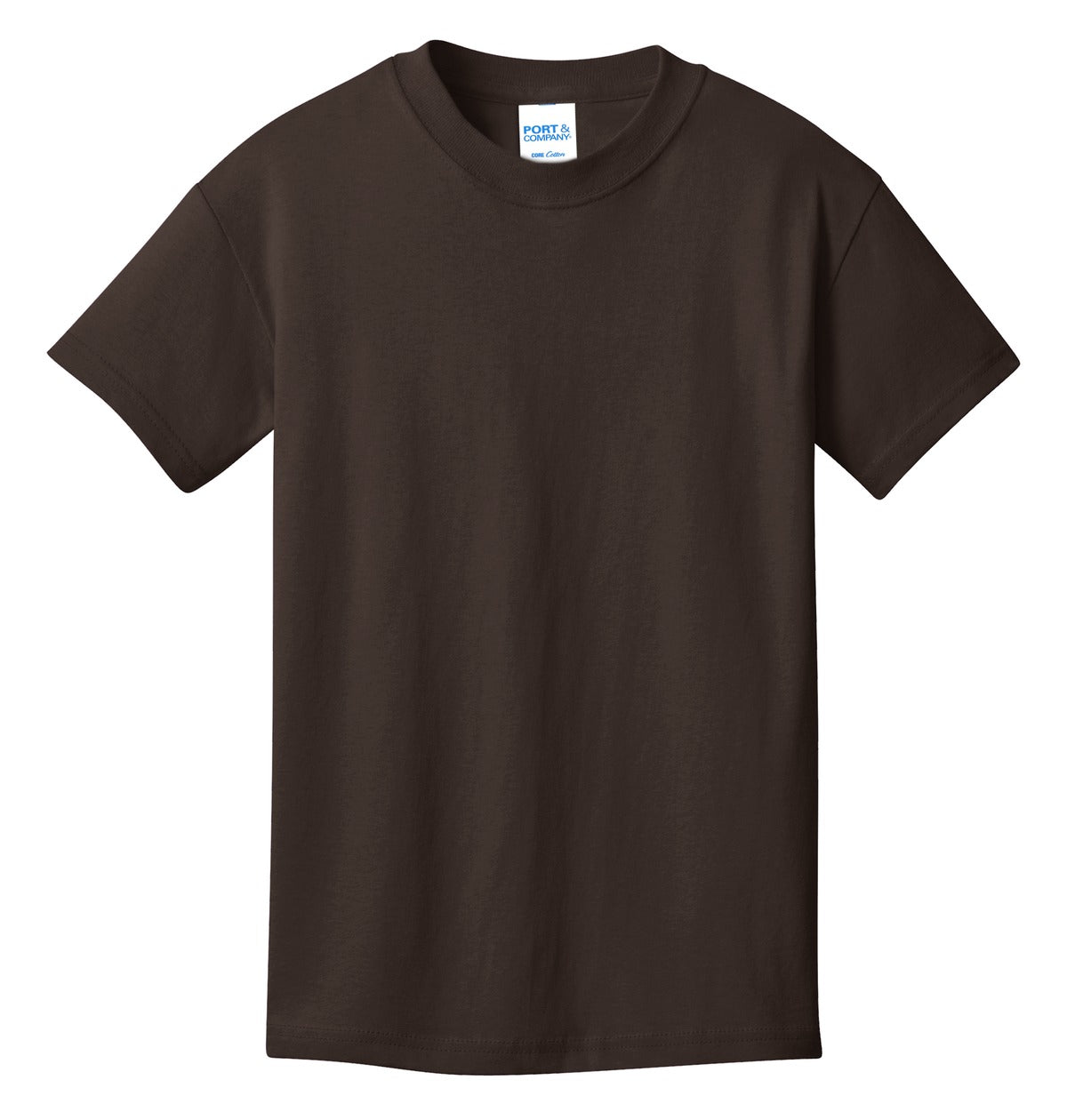 Front View of Dk Choc Brown Port & Co Youth Core Cotton Tee. PC54Y plain