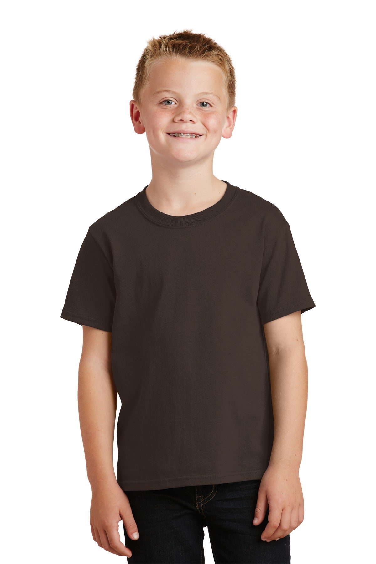 Front View of Dk Choc Brown Port & Co Youth Core Cotton Tee. PC54Y plain