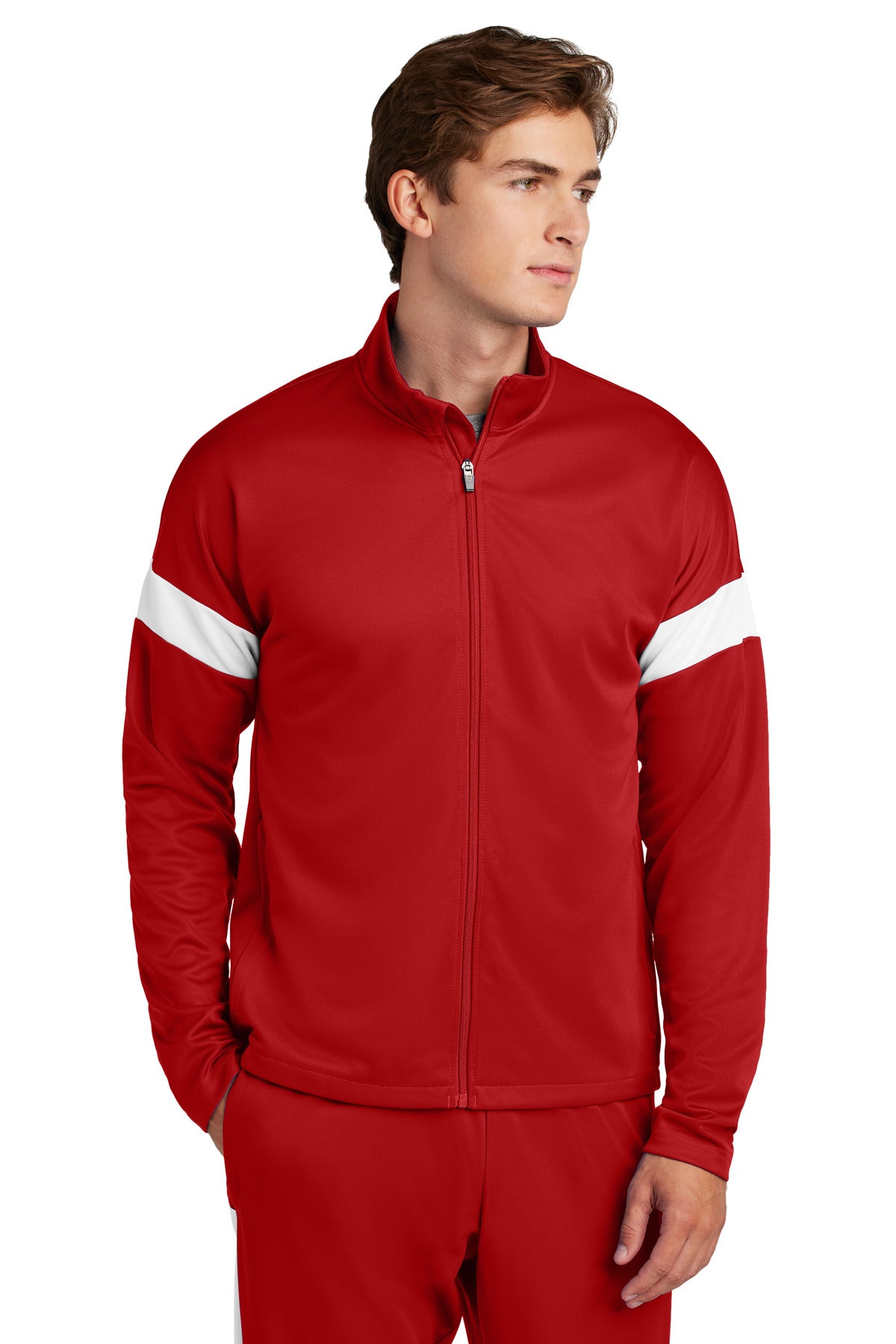 Front View of DpRd/Wht Sport-Tek Travel Full-Zip Jacket ST800 plain