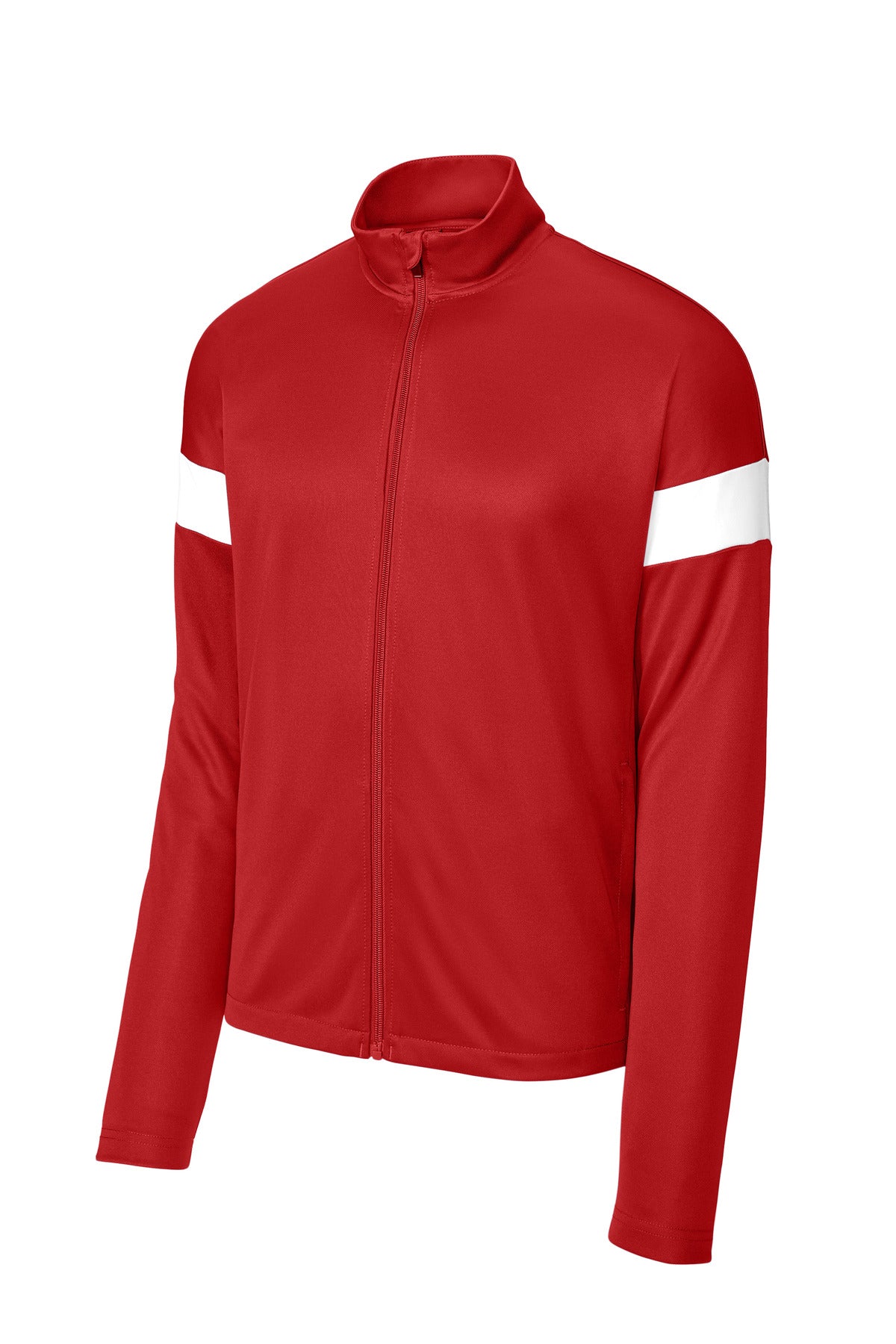 Front View of DpRd/Wht Sport-Tek Travel Full-Zip Jacket ST800 plain