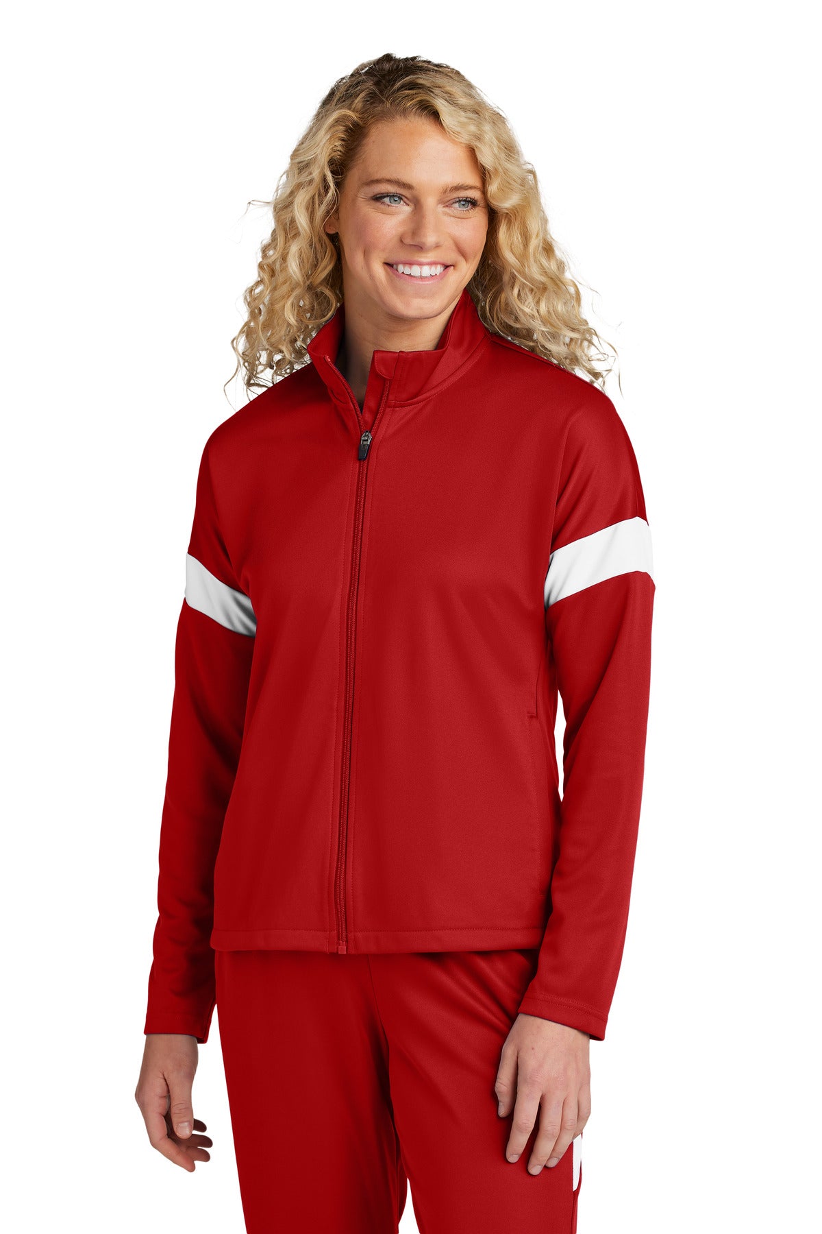 Front View of DpRd/Wht Sport-Tek Women's Travel Full-Zip Jacket LST800 plain