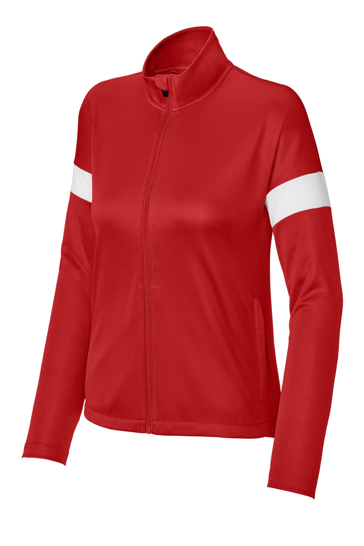 Front View of DpRd/Wht Sport-Tek Women's Travel Full-Zip Jacket LST800 plain