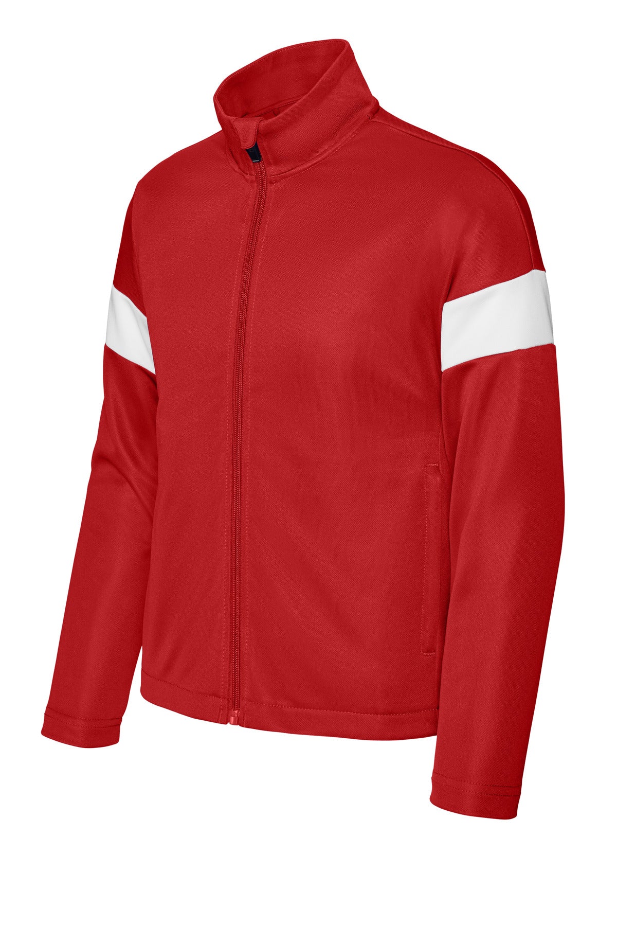 Front View of DpRd/Wht Sport-Tek Youth Travel Full-Zip Jacket YST800 plain
