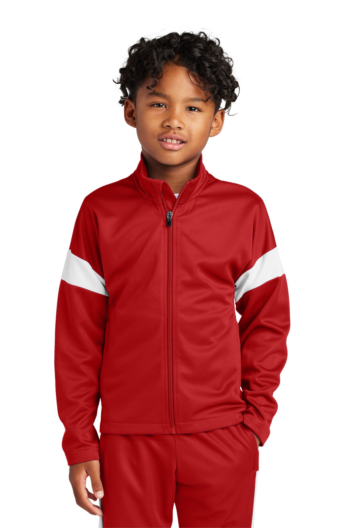 Front View of DpRd/Wht Sport-Tek Youth Travel Full-Zip Jacket YST800 plain