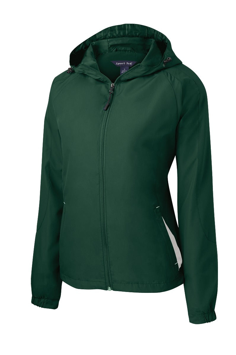 Front View of Forest Grn/Wht Sport-Tek Women's Colorblock Hooded Raglan Jacket. LST76 plain