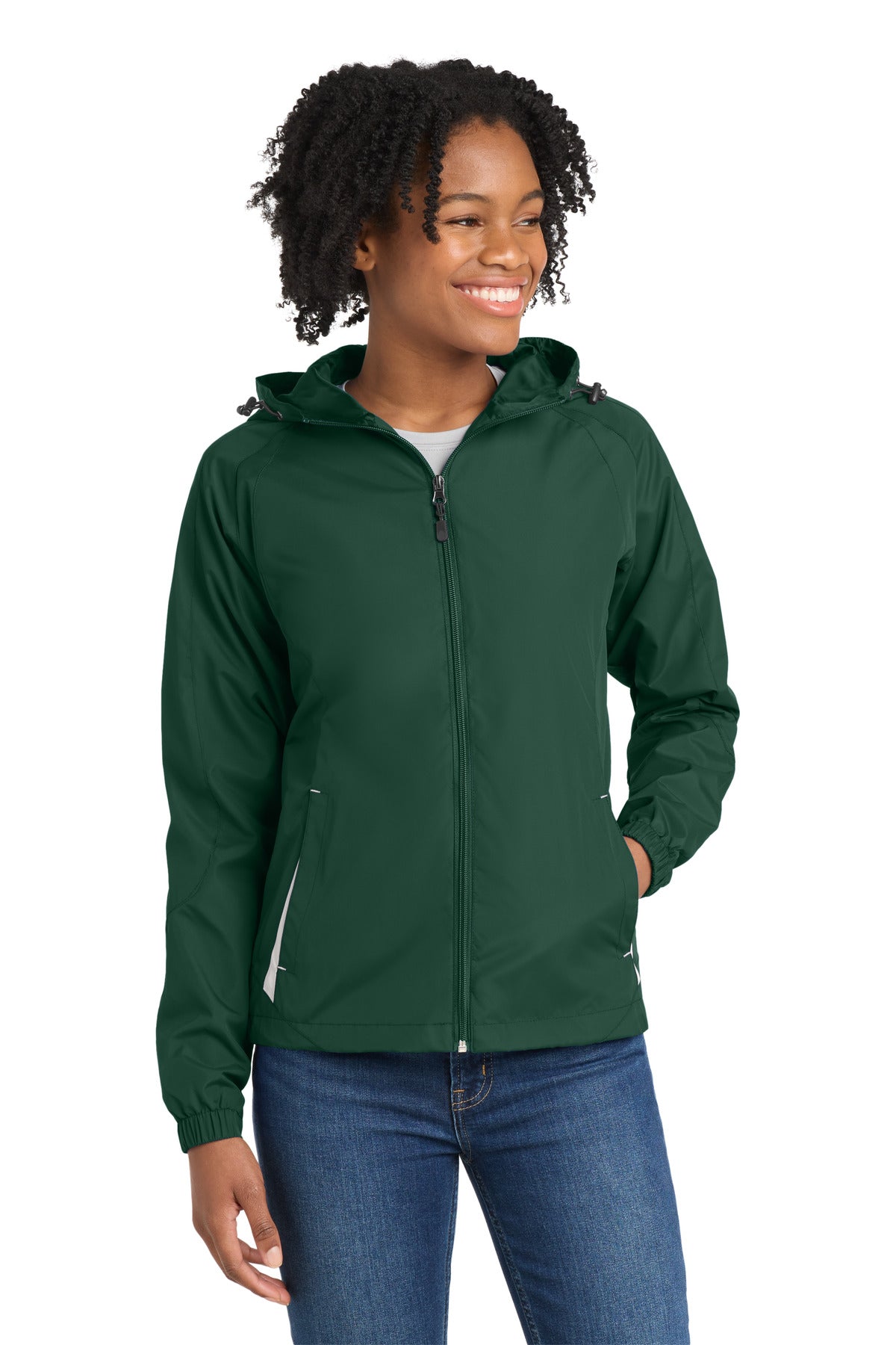 Front View of Forest Grn/Wht Sport-Tek Women's Colorblock Hooded Raglan Jacket. LST76 plain