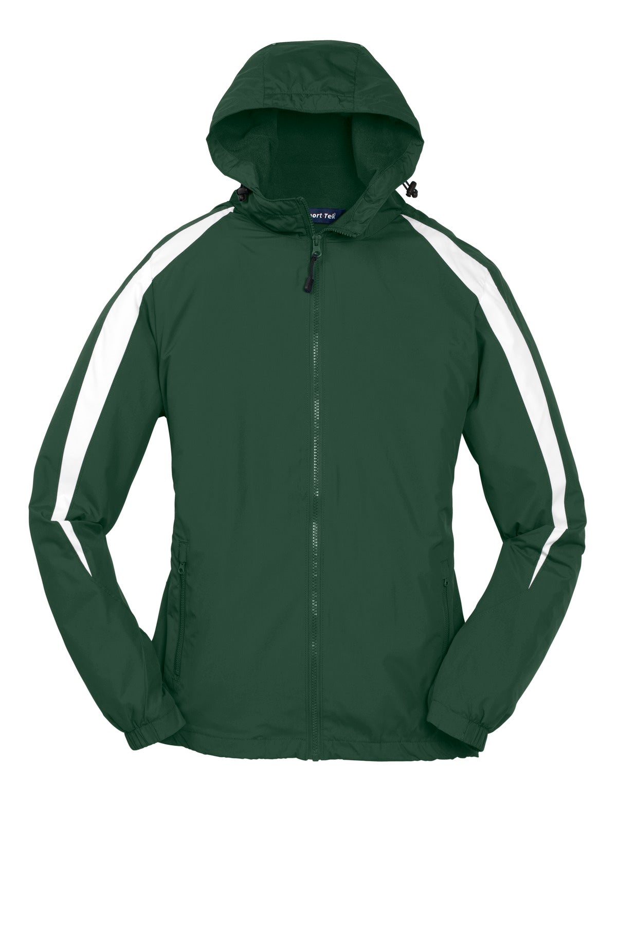 Front View of Forest Grn/Wht Sport-Tek Youth Fleece-Lined Colorblock Jacket. YST81 plain