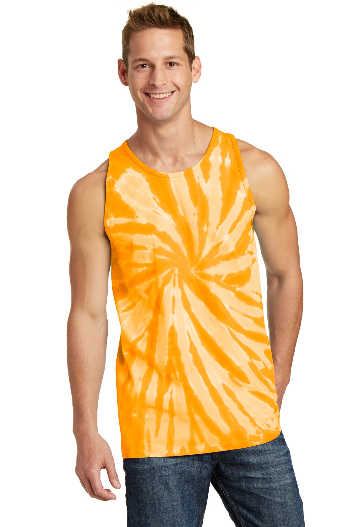 Front View of Gold Port & Co Tie-Dye Tank Top. PC147TT plain