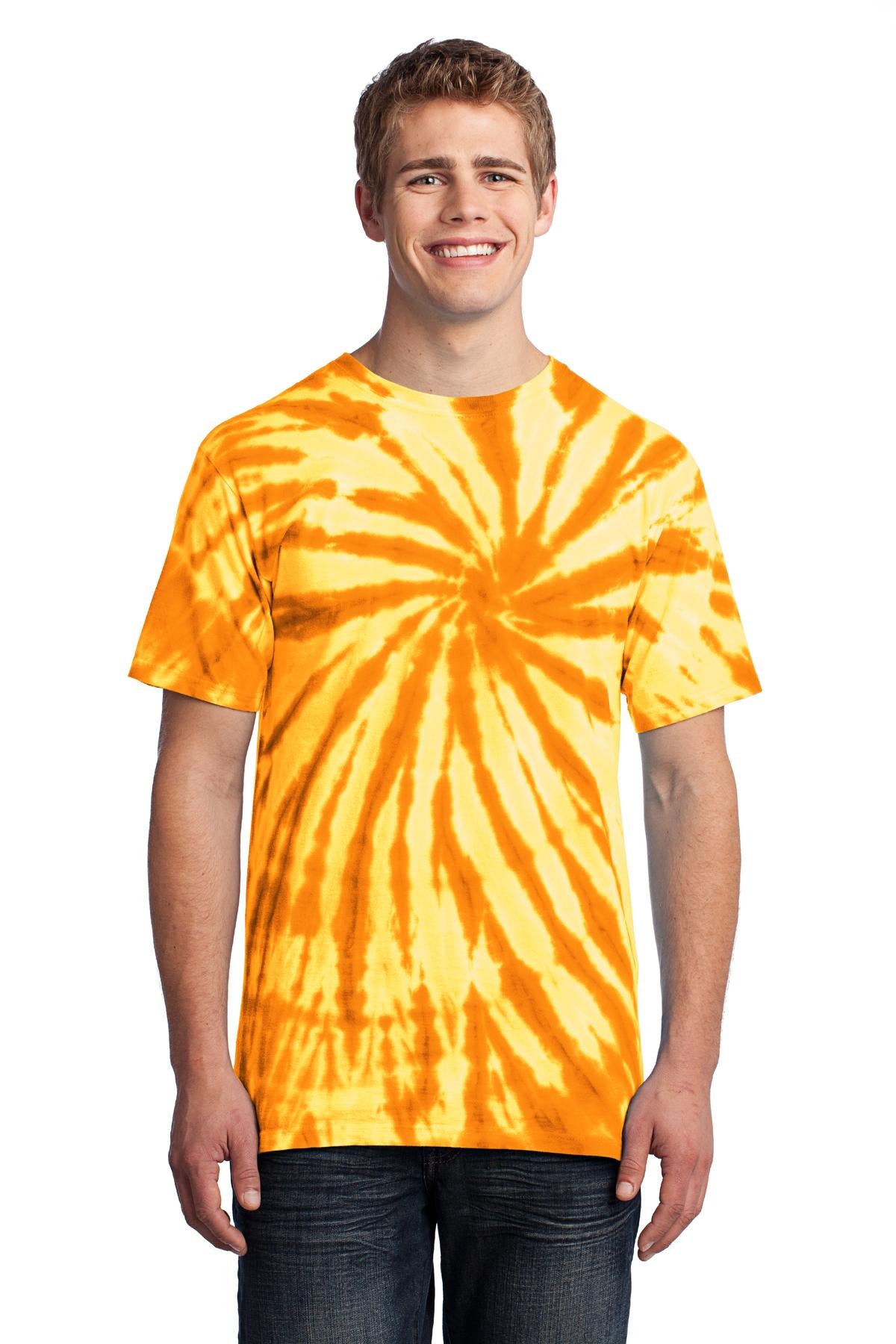 Front View of Gold Port & Co Tie-Dye Tee. PC147 plain