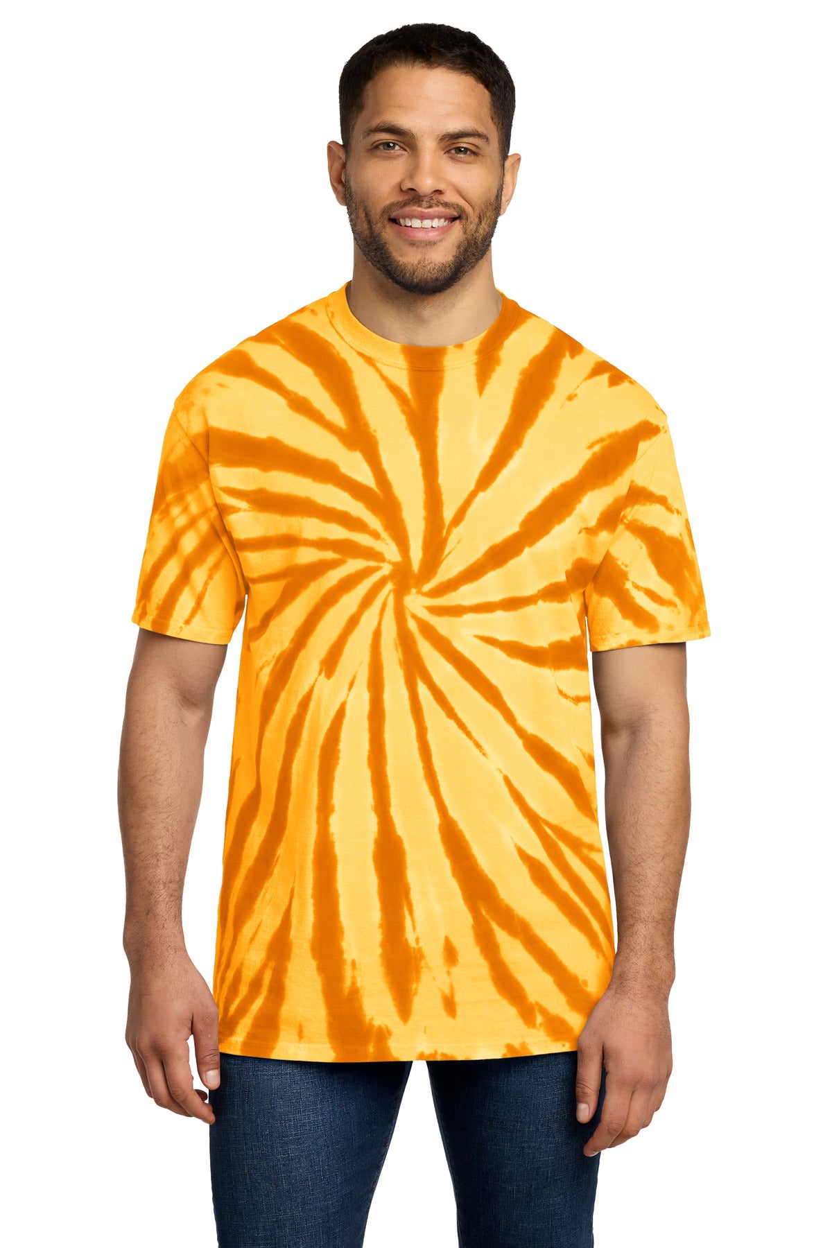 Front View of Gold Port & Co Tie-Dye Tee. PC147 plain