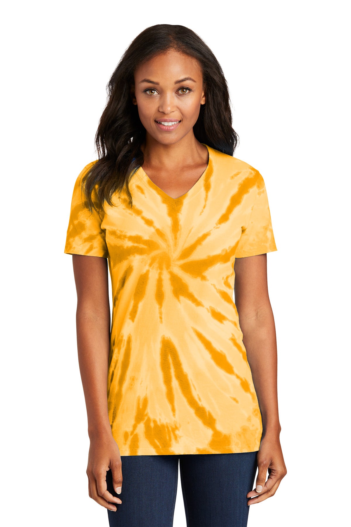 Front View of Gold Port & Co Women's Tie-Dye V-Neck Tee. LPC147V plain