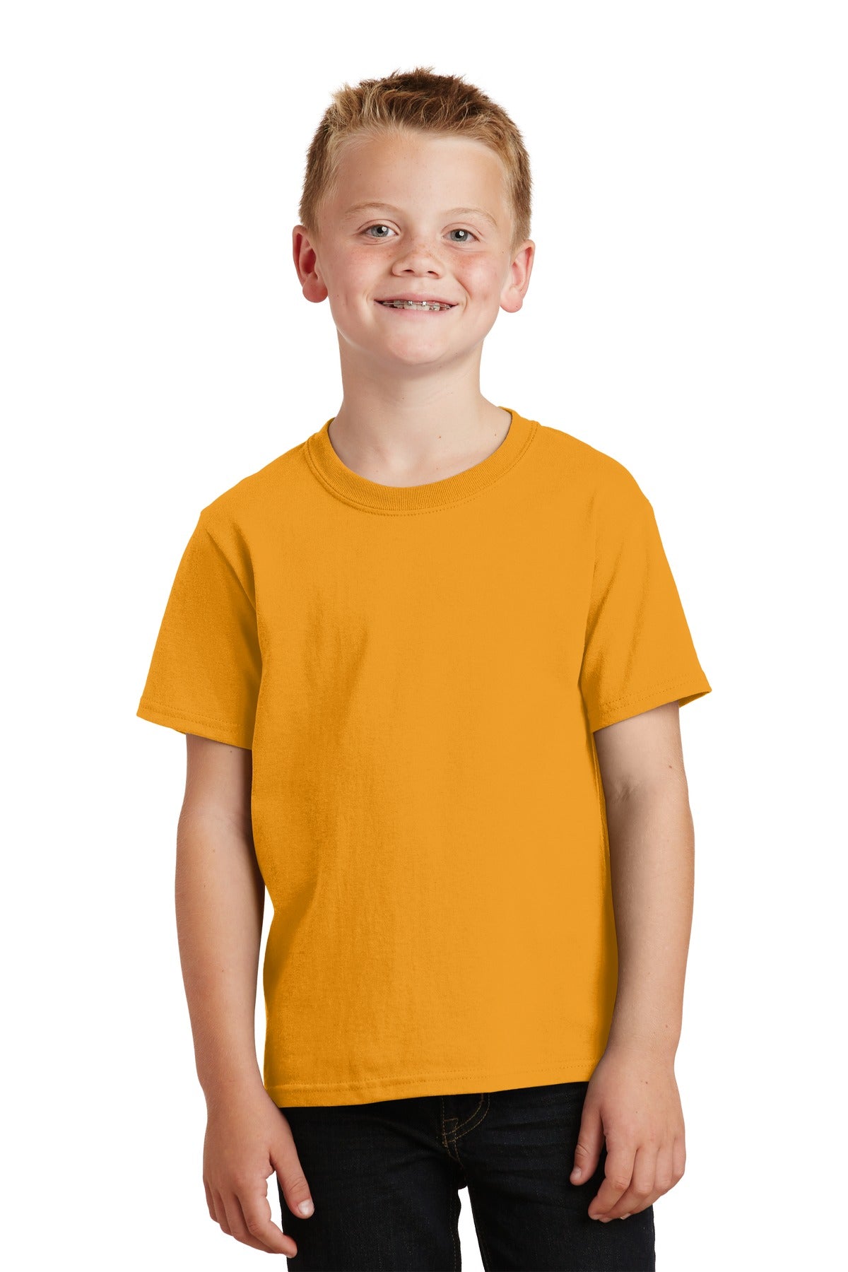 Front View of Gold Port & Co Youth Core Cotton Tee. PC54Y plain