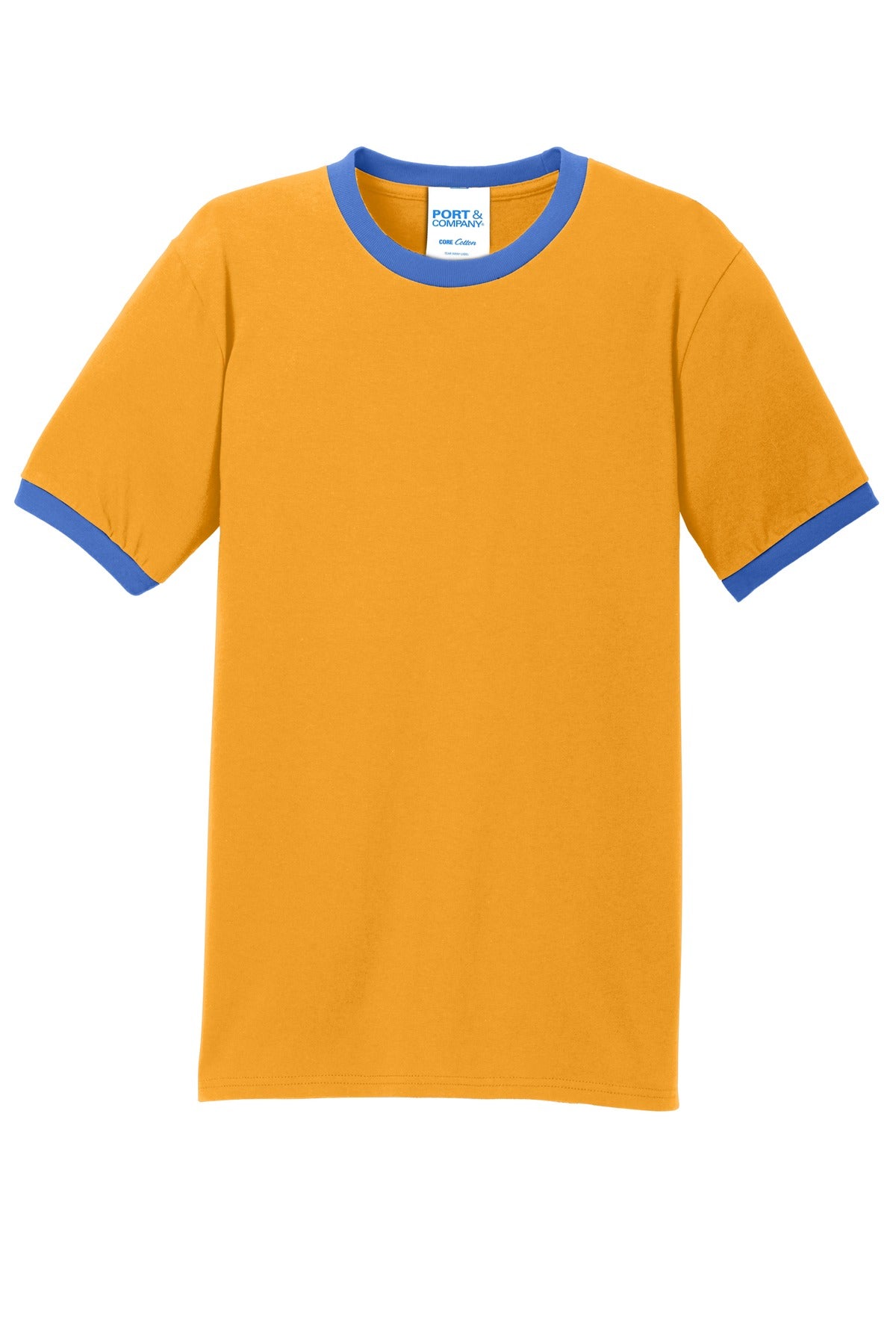 Front View of Gold/Royal Port & Co Core Cotton Ringer Tee. PC54R plain