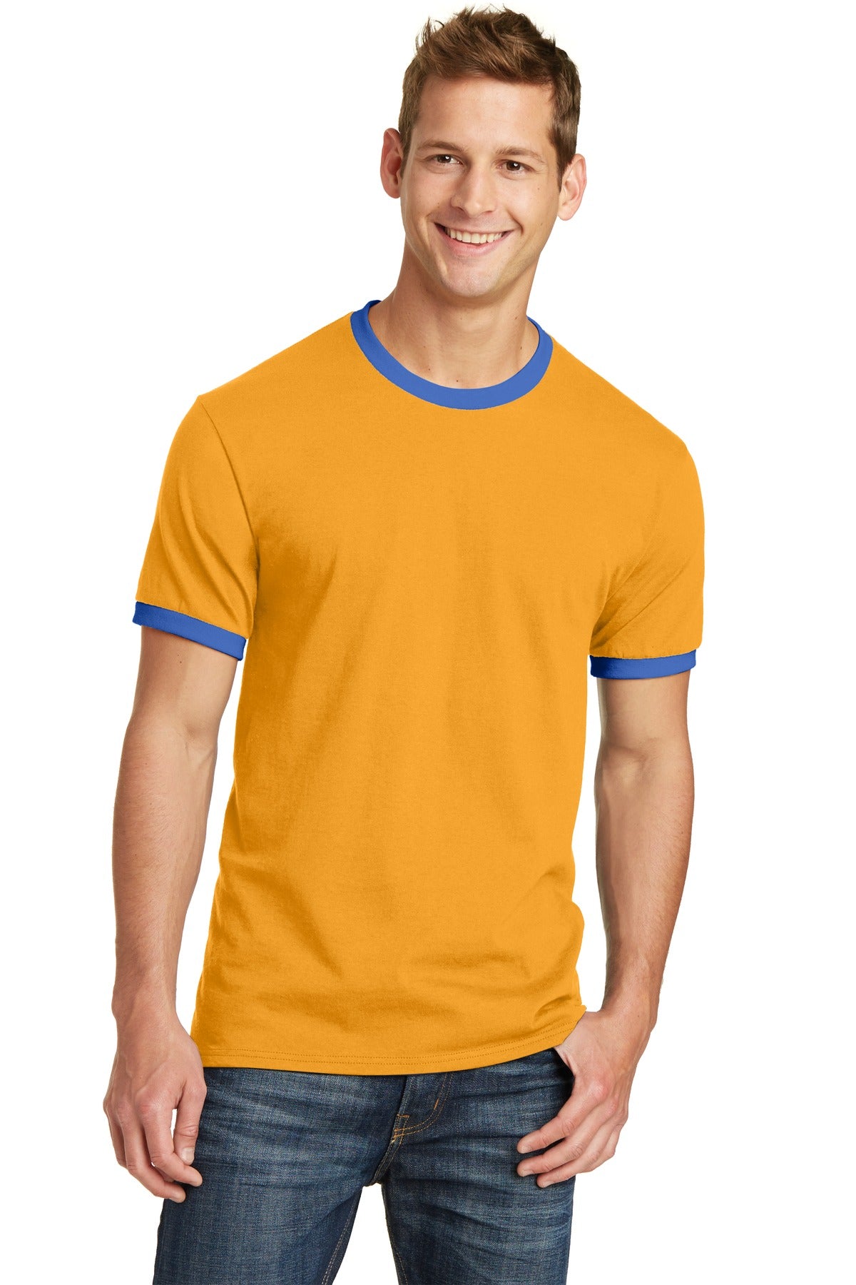 Front View of Gold/Royal Port & Co Core Cotton Ringer Tee. PC54R plain