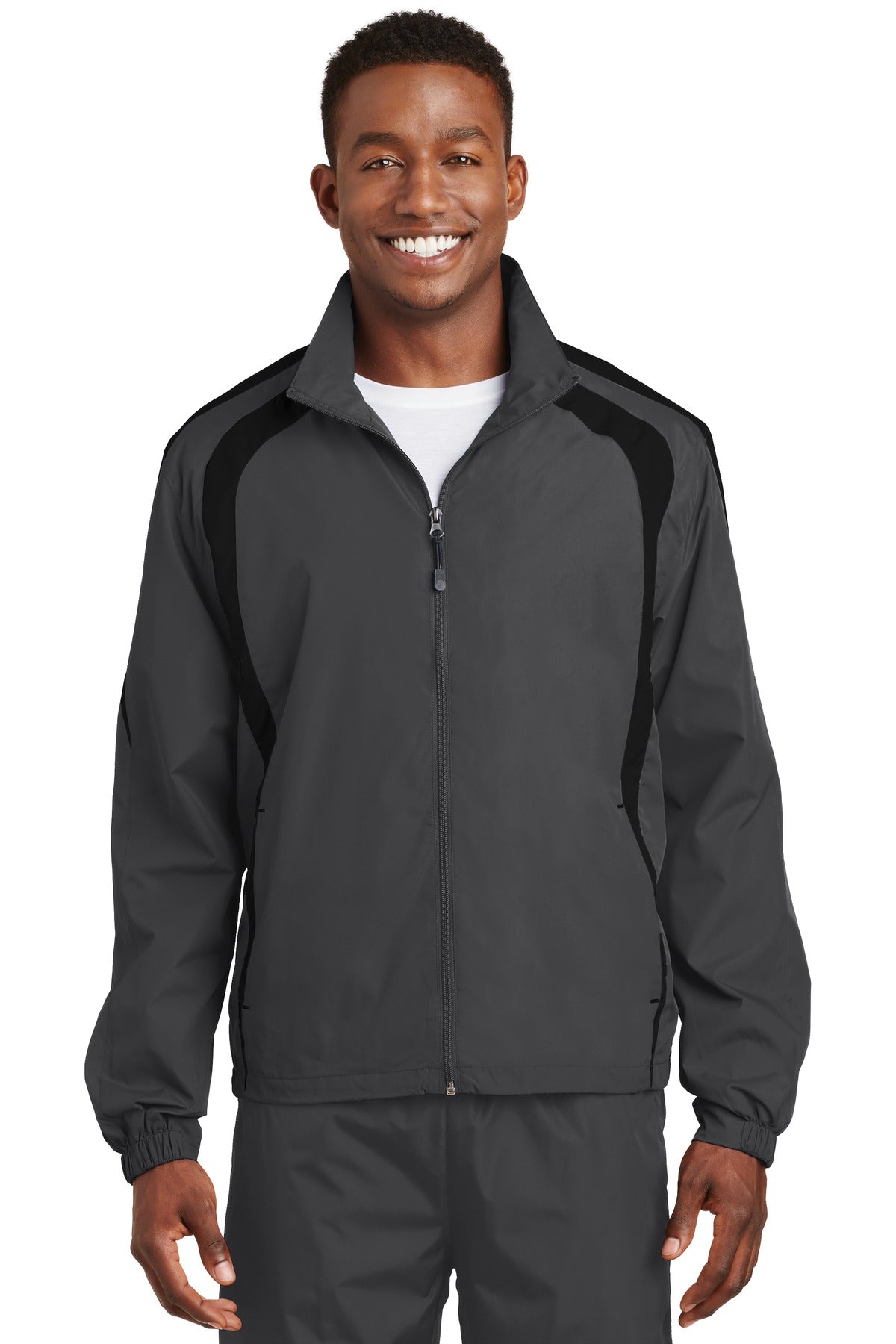 Front View of Graph Grey/Blk Sport-Tek Colorblock Raglan Jacket. JST60 plain