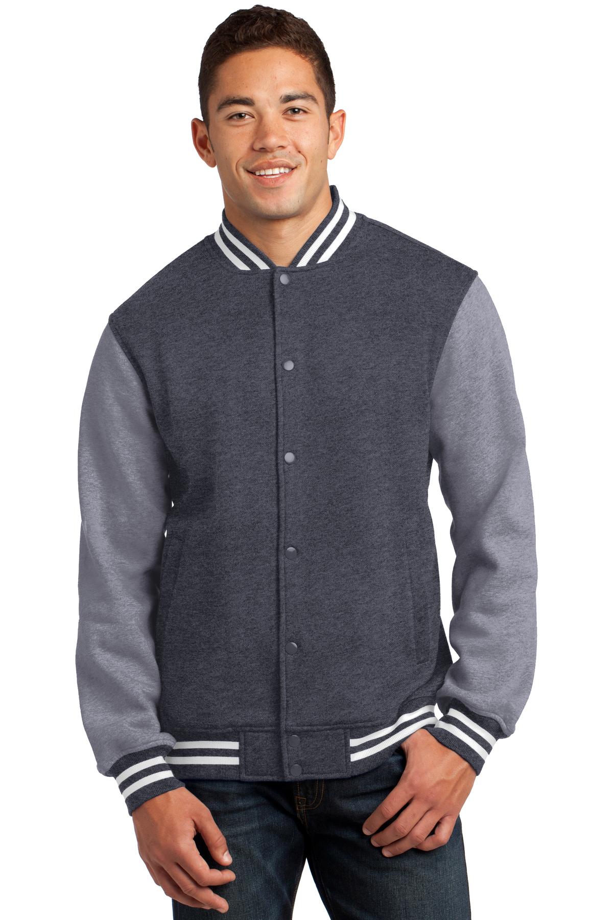 Front View of Graph He/VntHe Sport-Tek Fleece Letterman Jacket. ST270 plain