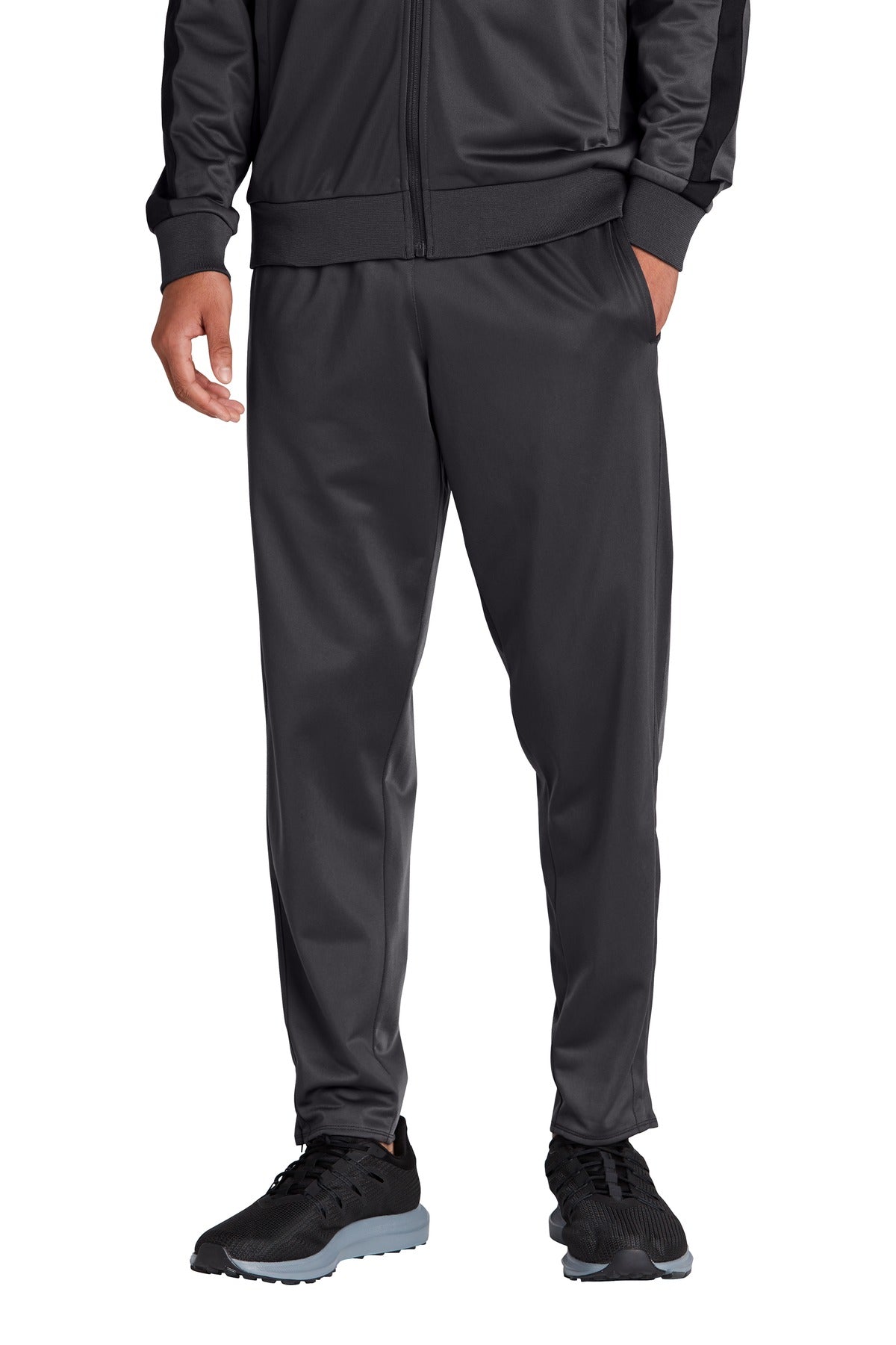 Front View of Graphite Grey Sport-Tek Tricot Track Jogger. PST95 plain