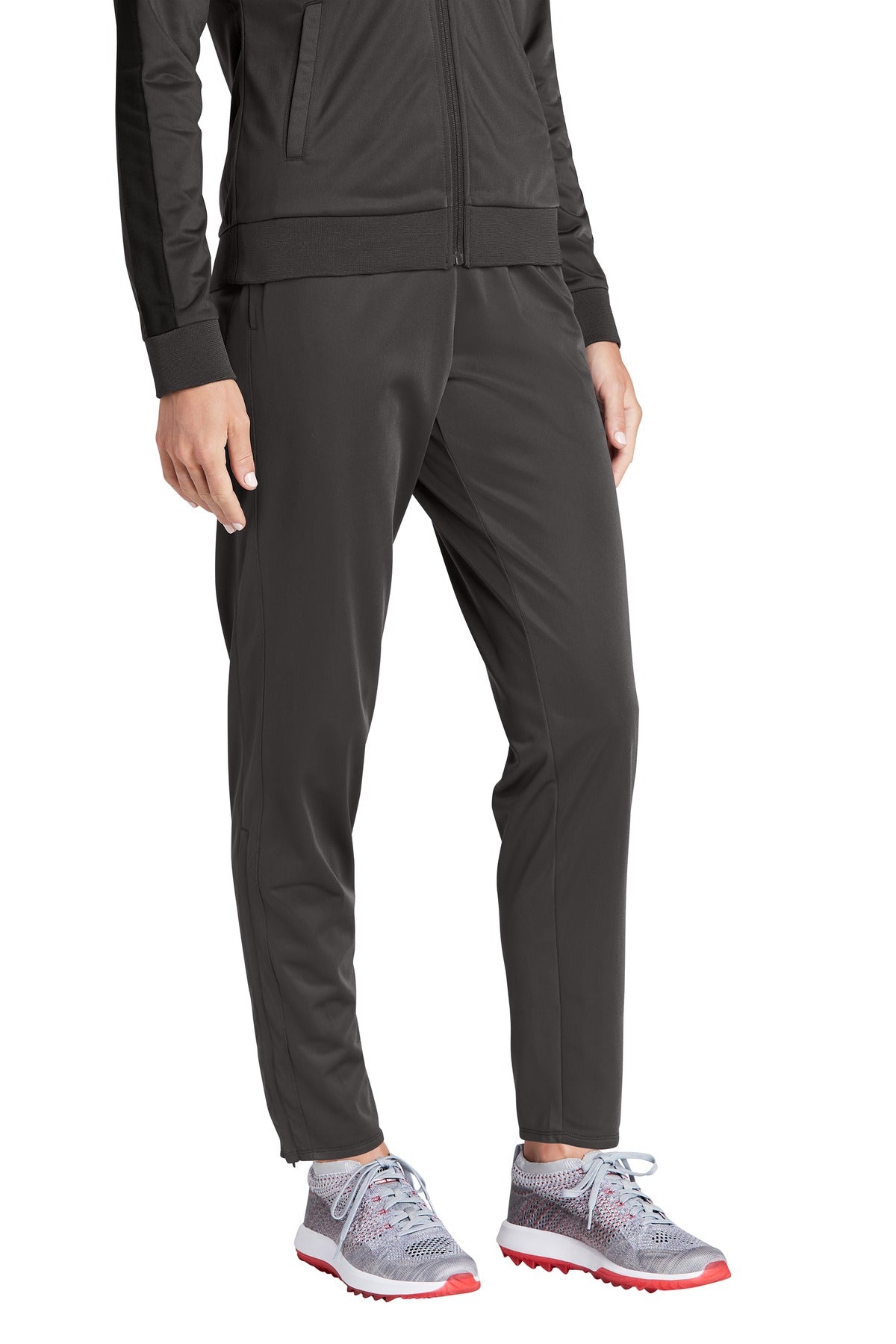 Front View of Graphite Grey Sport-Tek Women's Tricot Track Jogger. LPST95 plain