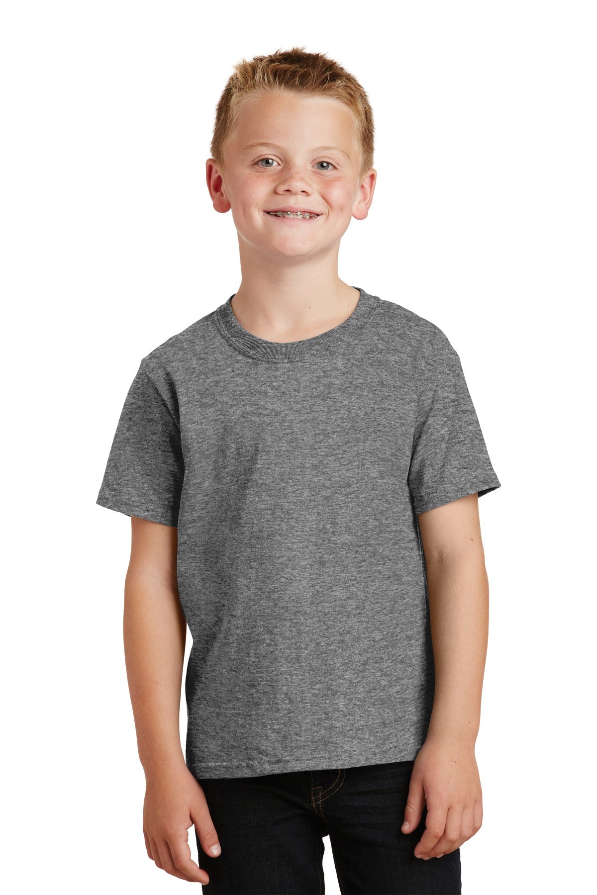 Front View of Graphite Hthr Port & Co Youth Core Cotton Tee. PC54Y plain