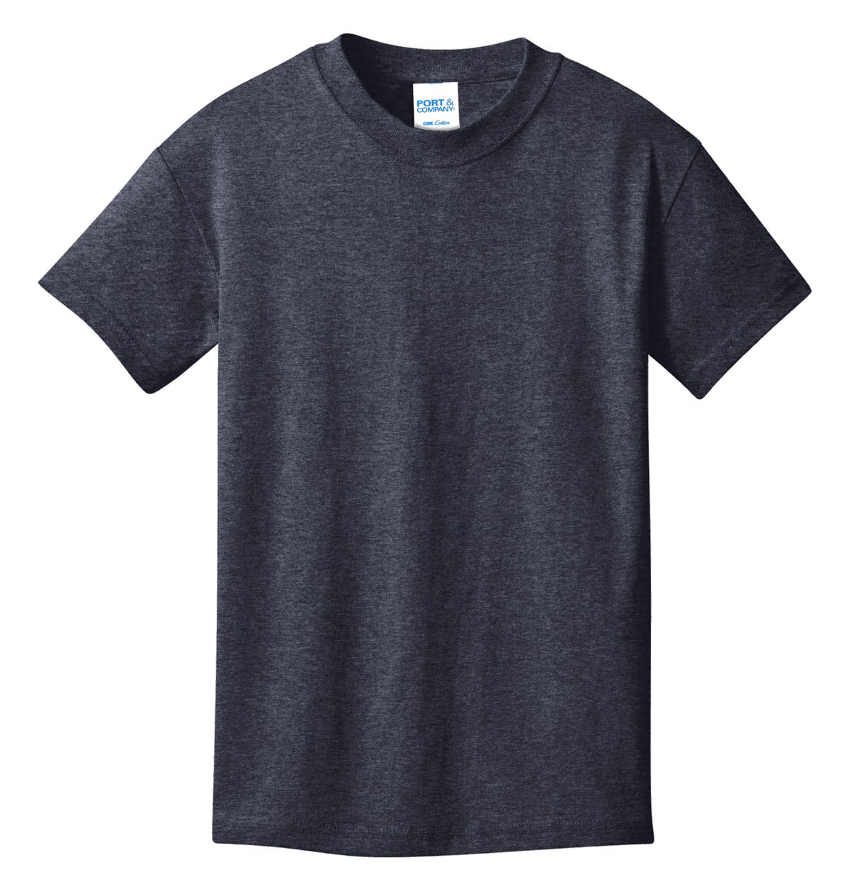 Front View of Heather Navy Port & Co Youth Core Cotton Tee. PC54Y plain