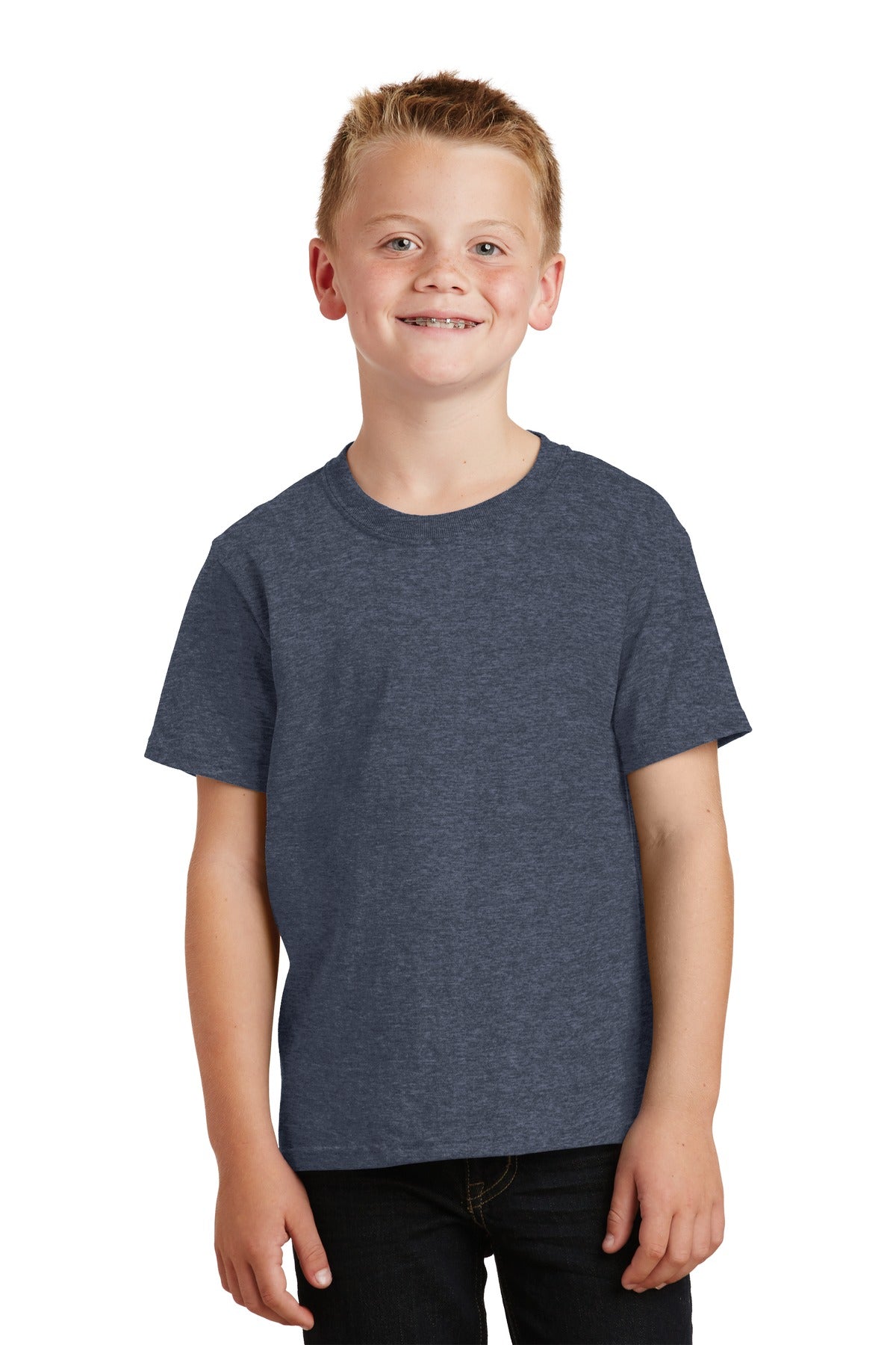 Front View of Heather Navy Port & Co Youth Core Cotton Tee. PC54Y plain