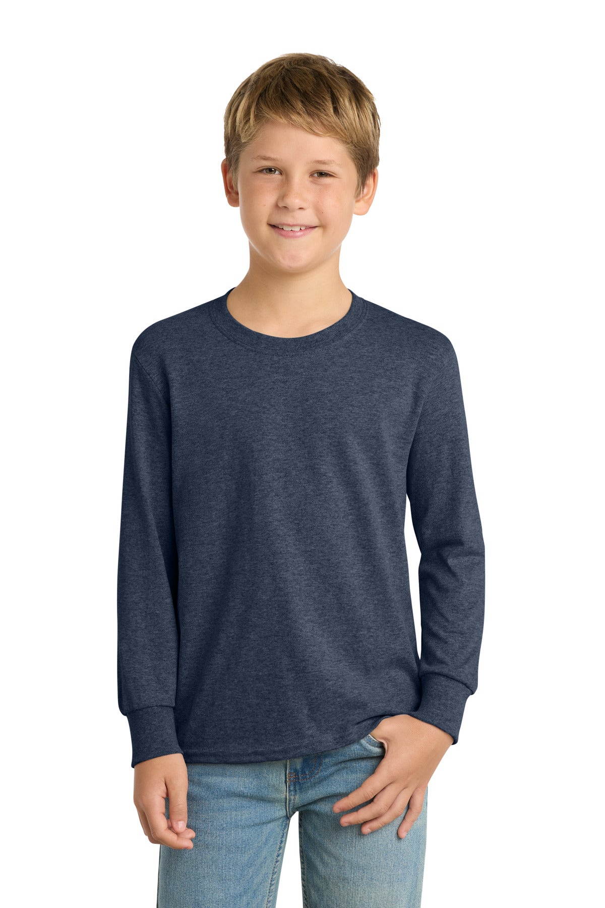Front View of Heather Navy Port & Co Youth Long Sleeve Core Cotton Tee. PC54YLS plain