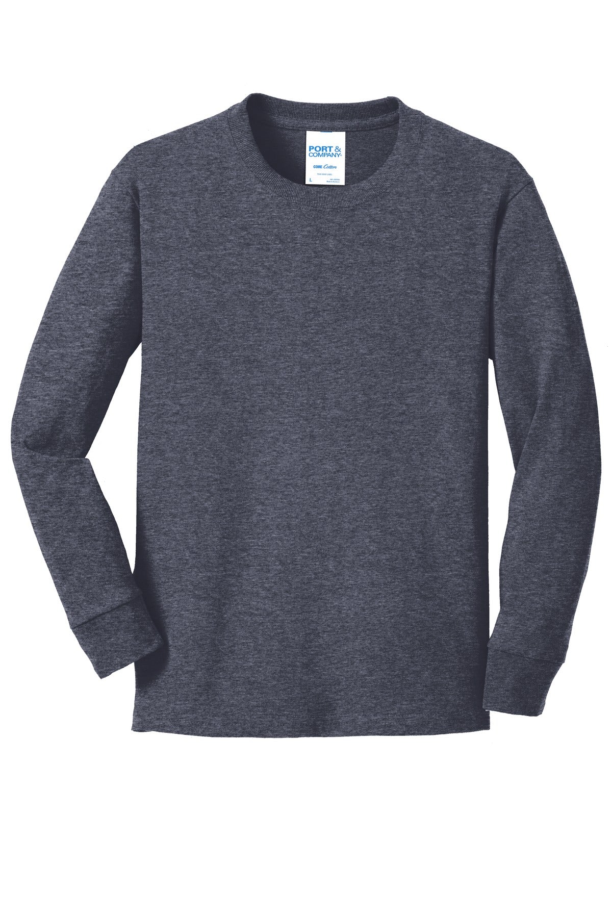 Front View of Heather Navy Port & Co Youth Long Sleeve Core Cotton Tee. PC54YLS plain