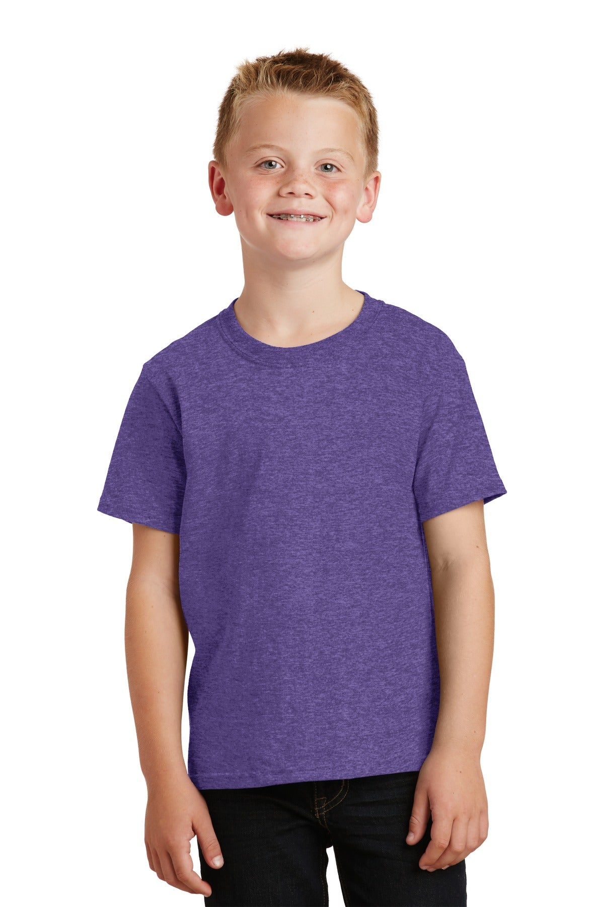 Front View of Heather Purple Port & Co Youth Core Cotton Tee. PC54Y plain