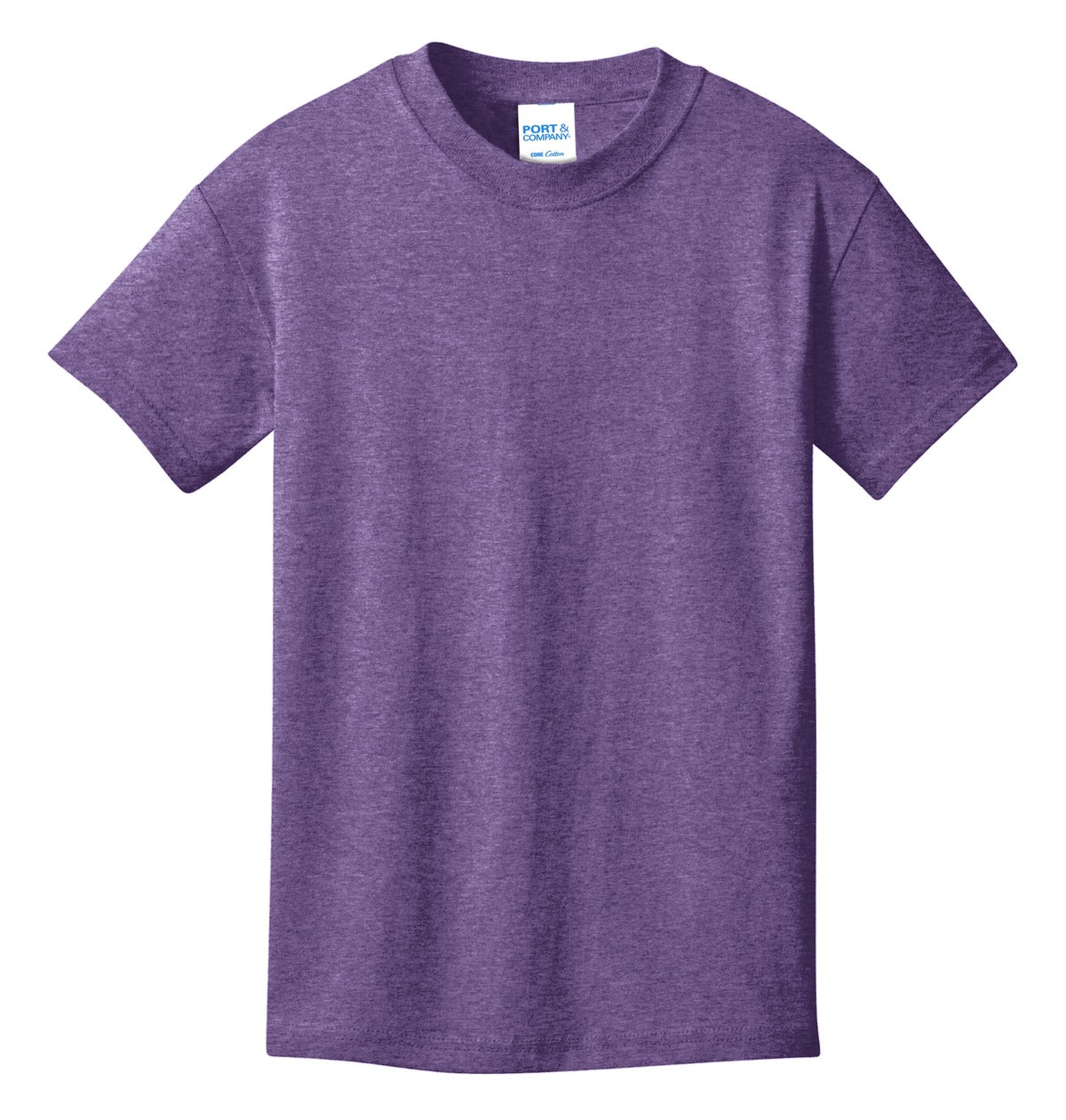 Front View of Heather Purple Port & Co Youth Core Cotton Tee. PC54Y plain