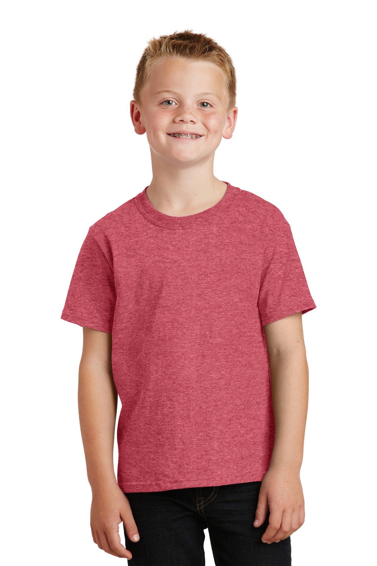 Front View of Heather Red Port & Co Youth Core Cotton Tee. PC54Y plain