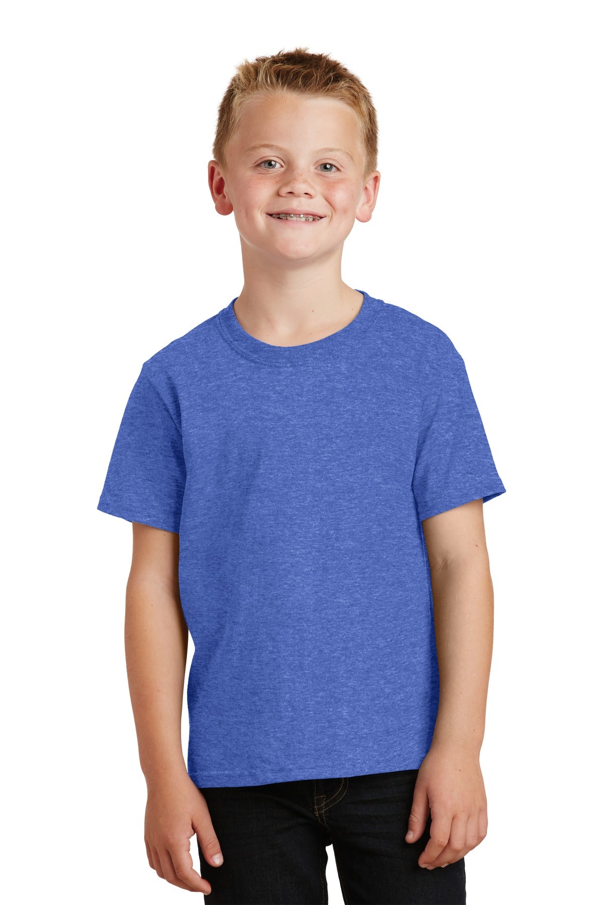 Front View of Heather Royal Port & Co Youth Core Cotton Tee. PC54Y plain