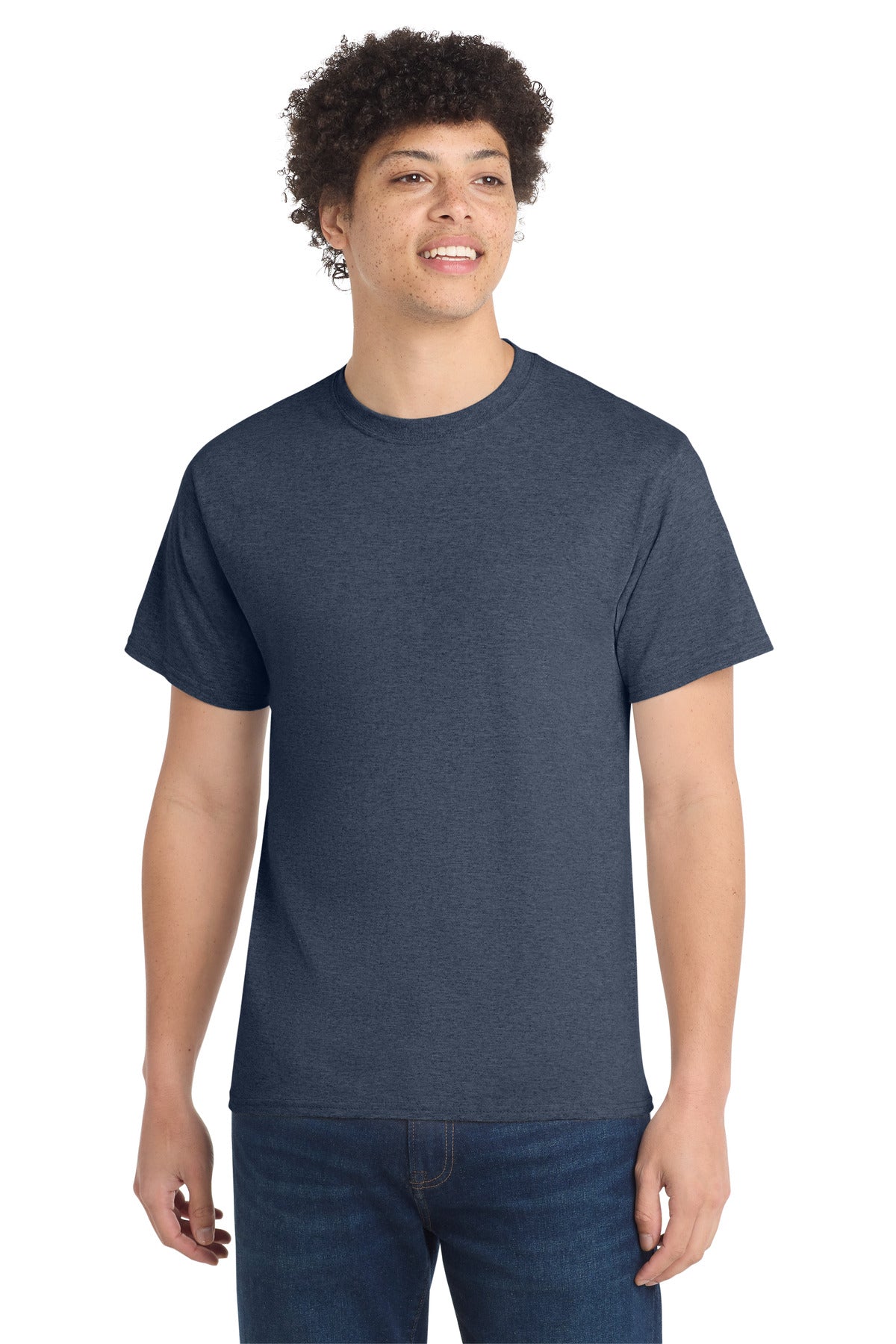 Front View of Hthr Navy Port & Co Core Cotton Tee. PC54 plain