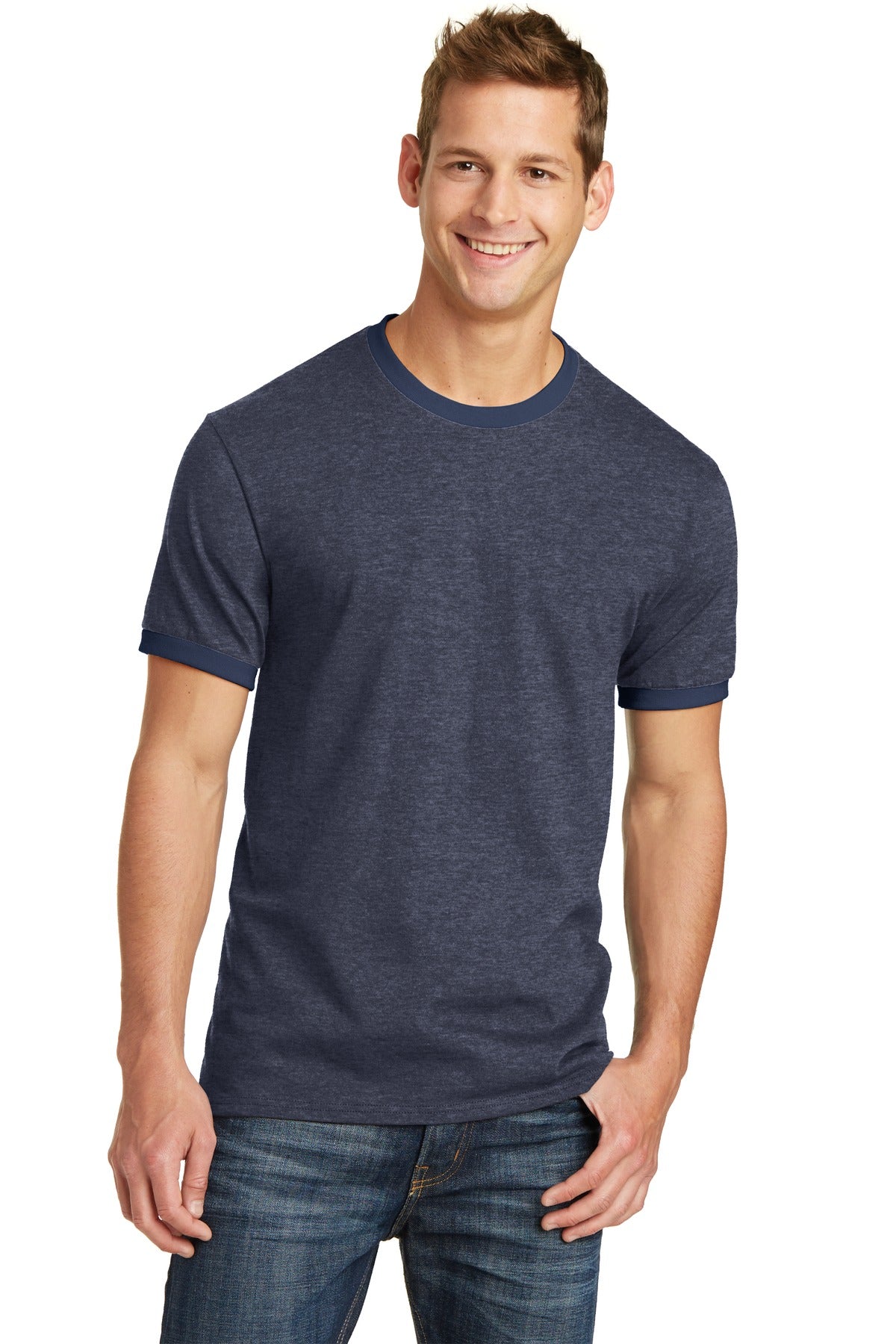 Front View of Hthr Navy/Navy Port & Co Core Cotton Ringer Tee. PC54R plain