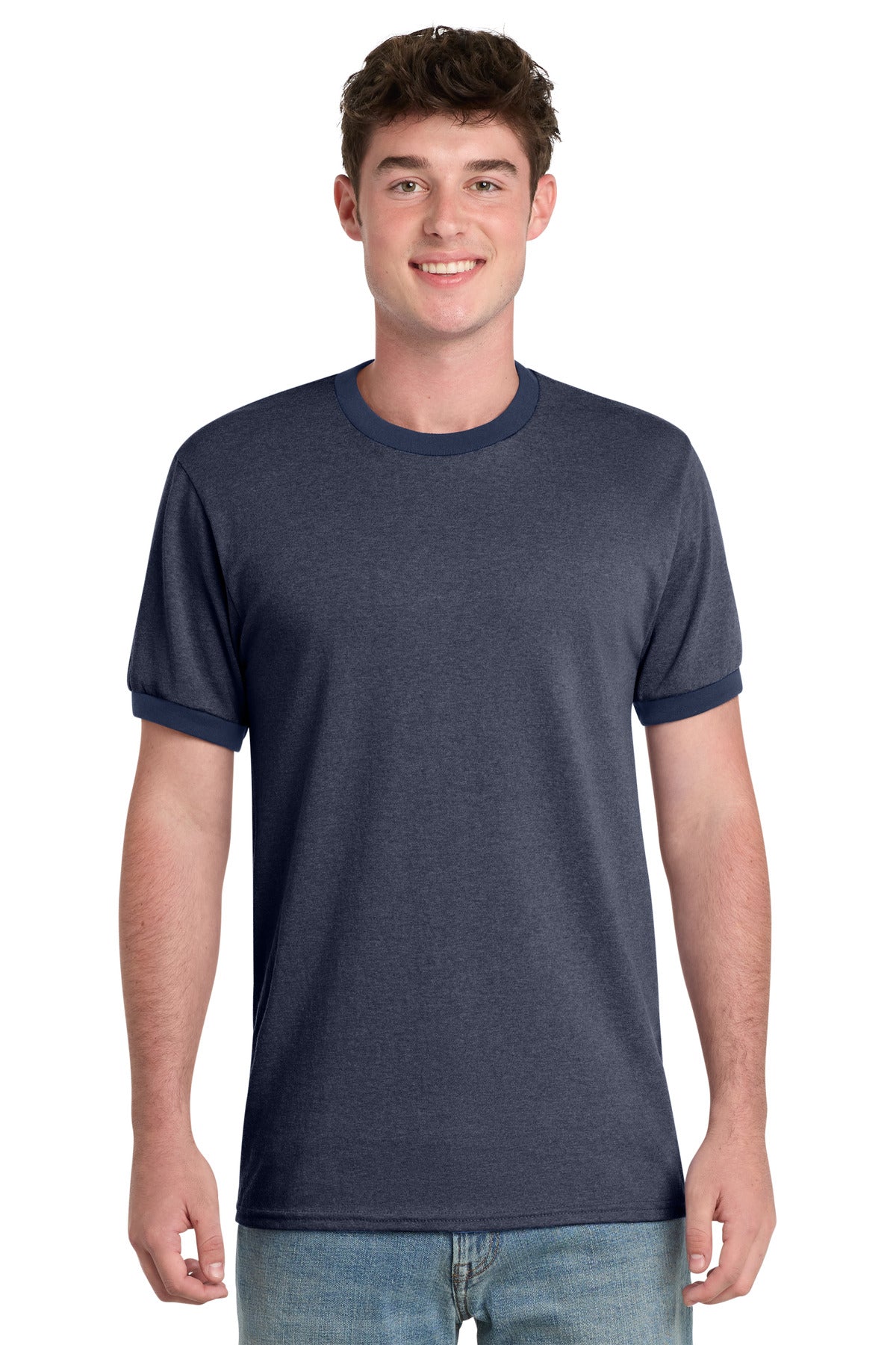 Front View of Hthr Navy/Navy Port & Co Core Cotton Ringer Tee. PC54R plain