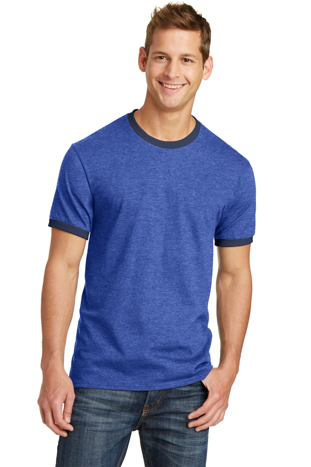 Front View of Hthr Royal/Nvy Port & Co Core Cotton Ringer Tee. PC54R plain