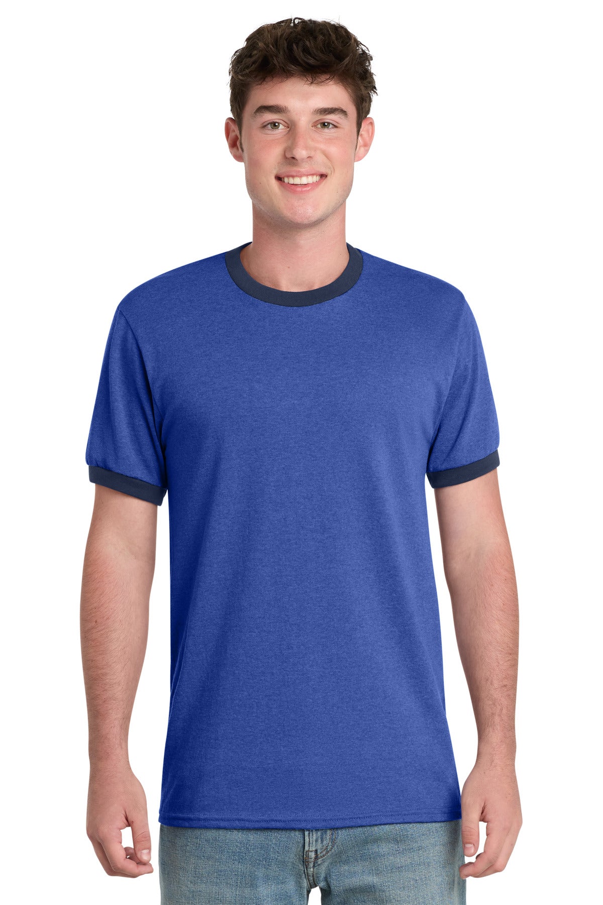 Front View of Hthr Royal/Nvy Port & Co Core Cotton Ringer Tee. PC54R plain