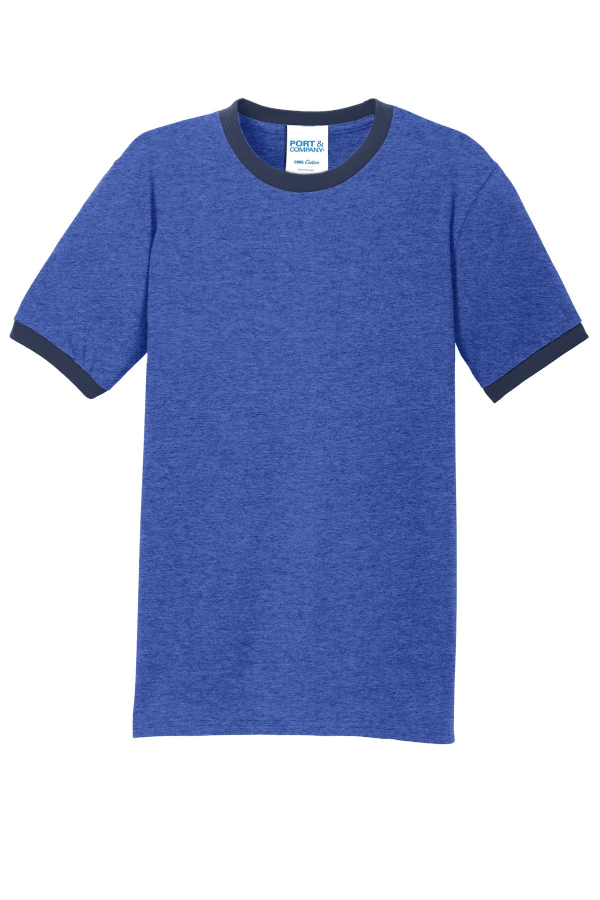 Front View of Hthr Royal/Nvy Port & Co Core Cotton Ringer Tee. PC54R plain