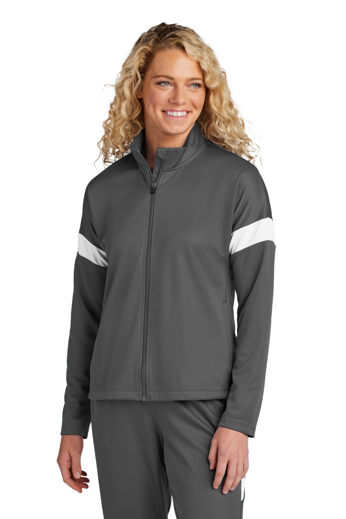 Front View of IrGy/White Sport-Tek Women's Travel Full-Zip Jacket LST800 plain