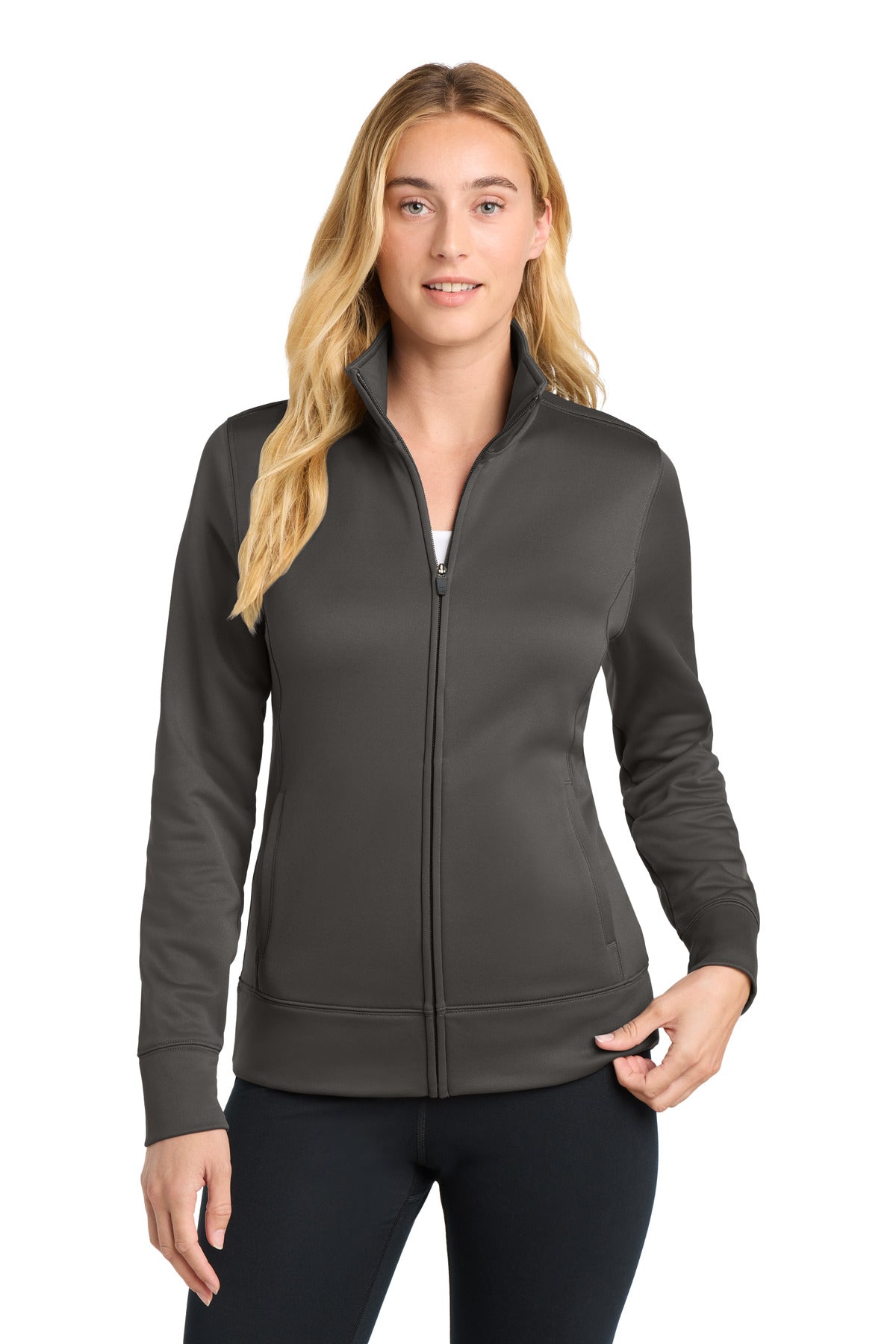 Front View of IronGrey Sport-Tek Women's Sport-Wick Fleece Full-Zip Jacket. LST241 plain