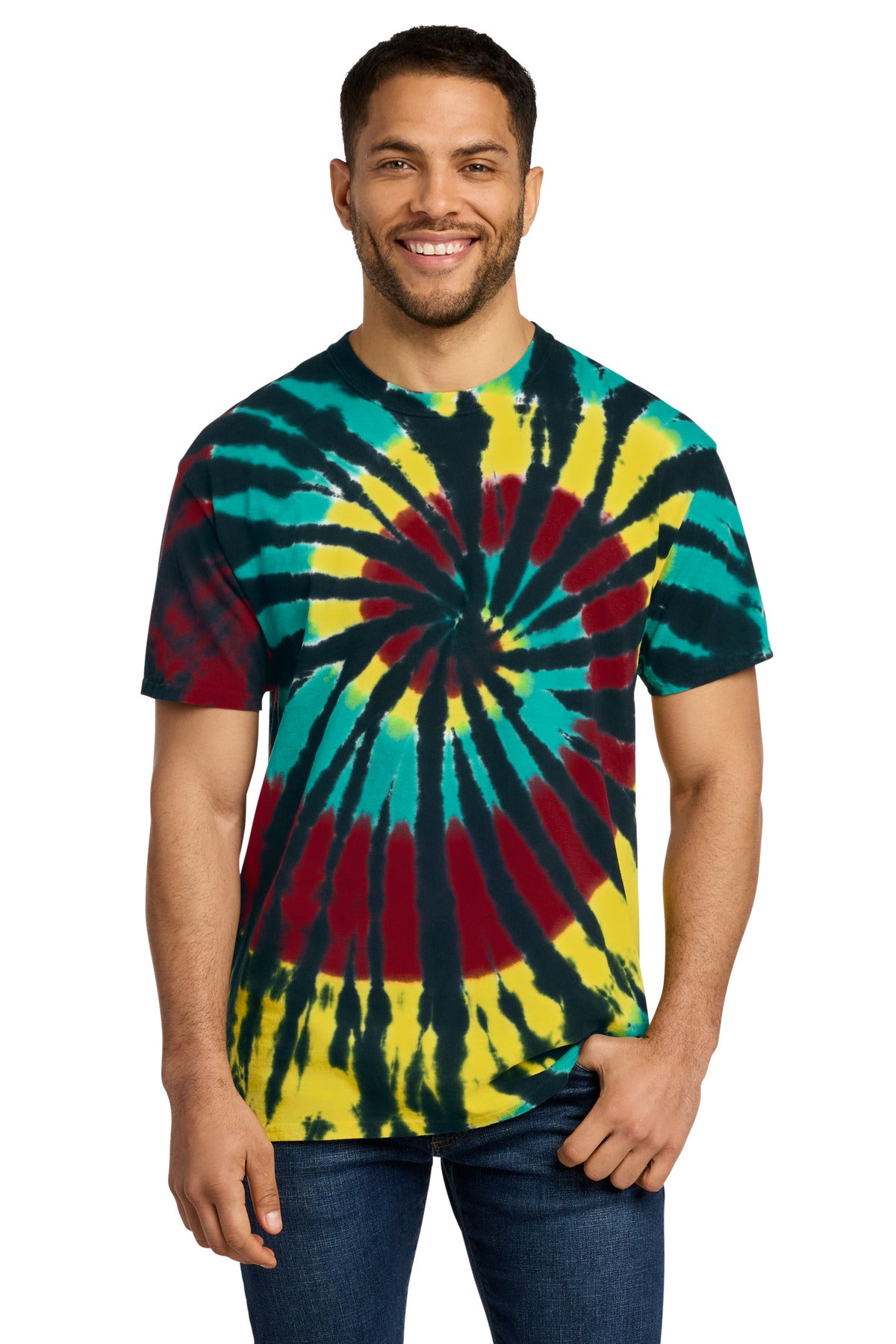 Front View of IslandSprl Port & Co Tie-Dye Tee. PC147 plain