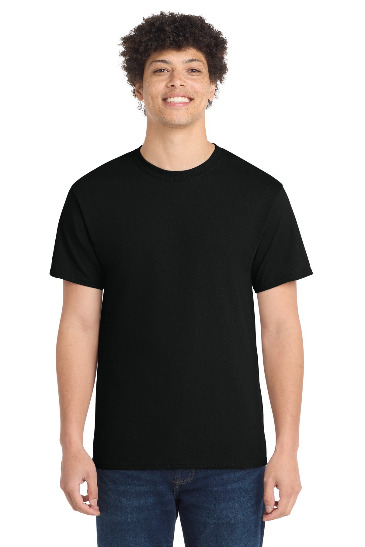 Front View of Jet Black Port & Co Core Cotton Tee. PC54 plain